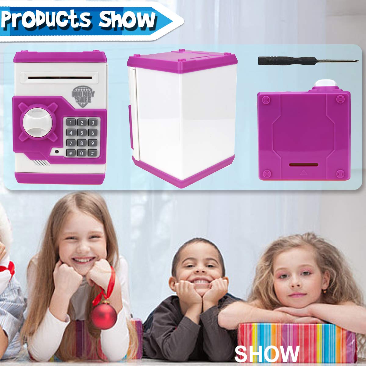 YOEGO Kids Money Bank – Electronic Piggy Bank with Auto Scroll & Password (Pink)