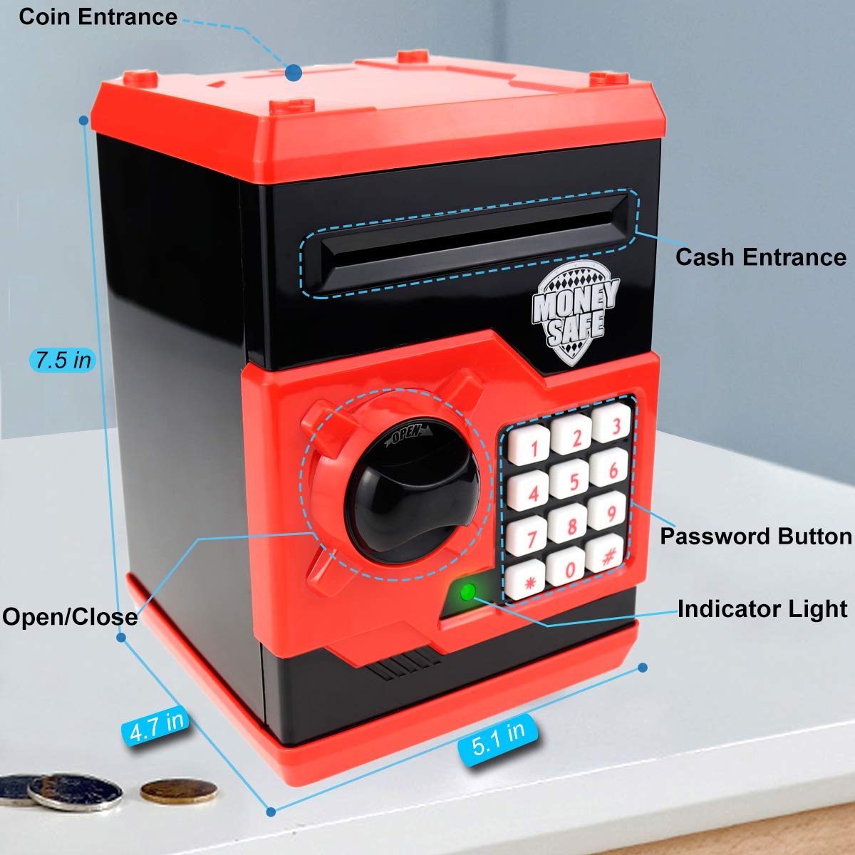Yoego Kids Money Bank - Electronic Piggy Bank with Auto Scroll & Password (Black Red)