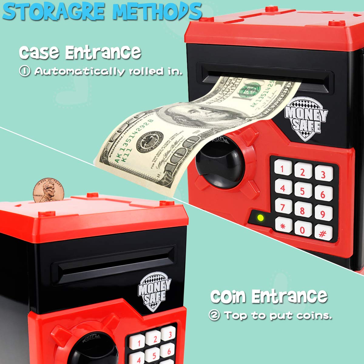 Yoego Kids Money Bank - Electronic Piggy Bank with Auto Scroll & Password (Black Red)
