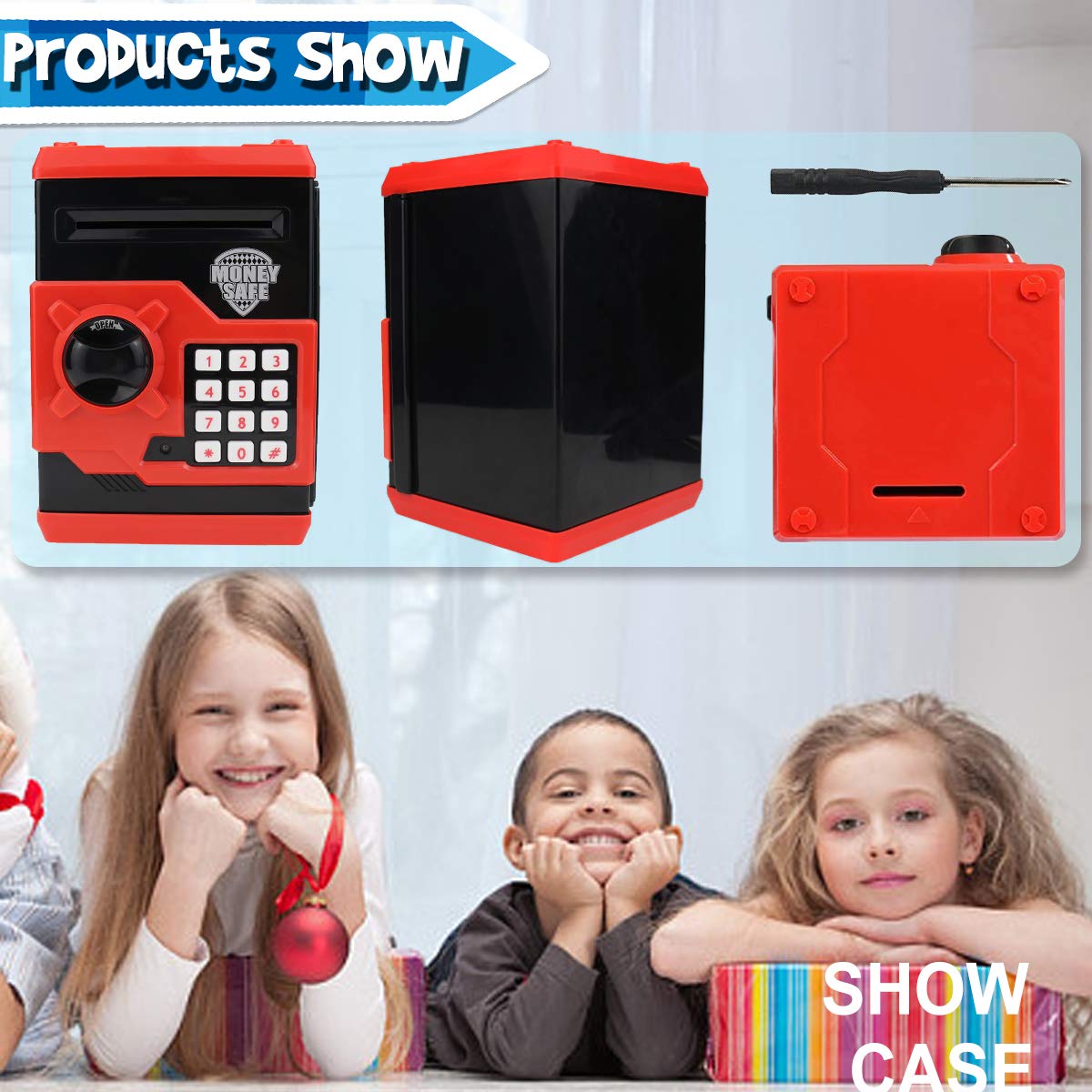 Yoego Kids Money Bank - Electronic Piggy Bank with Auto Scroll & Password (Black Red)