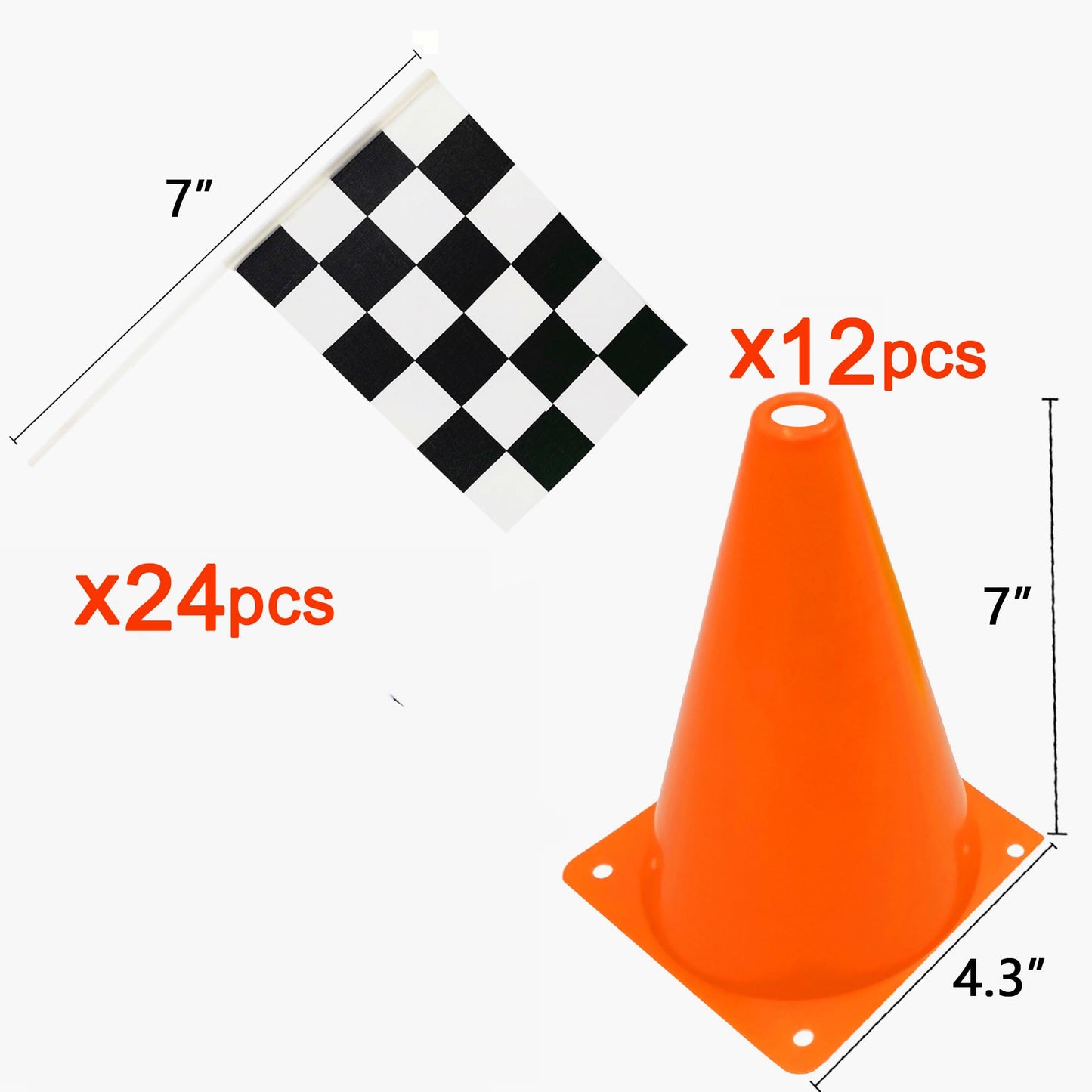 YOELVN Race Car Birthday Decorations – 36-Piece Set with 7-Inch Orange Cones and Checkered Flags