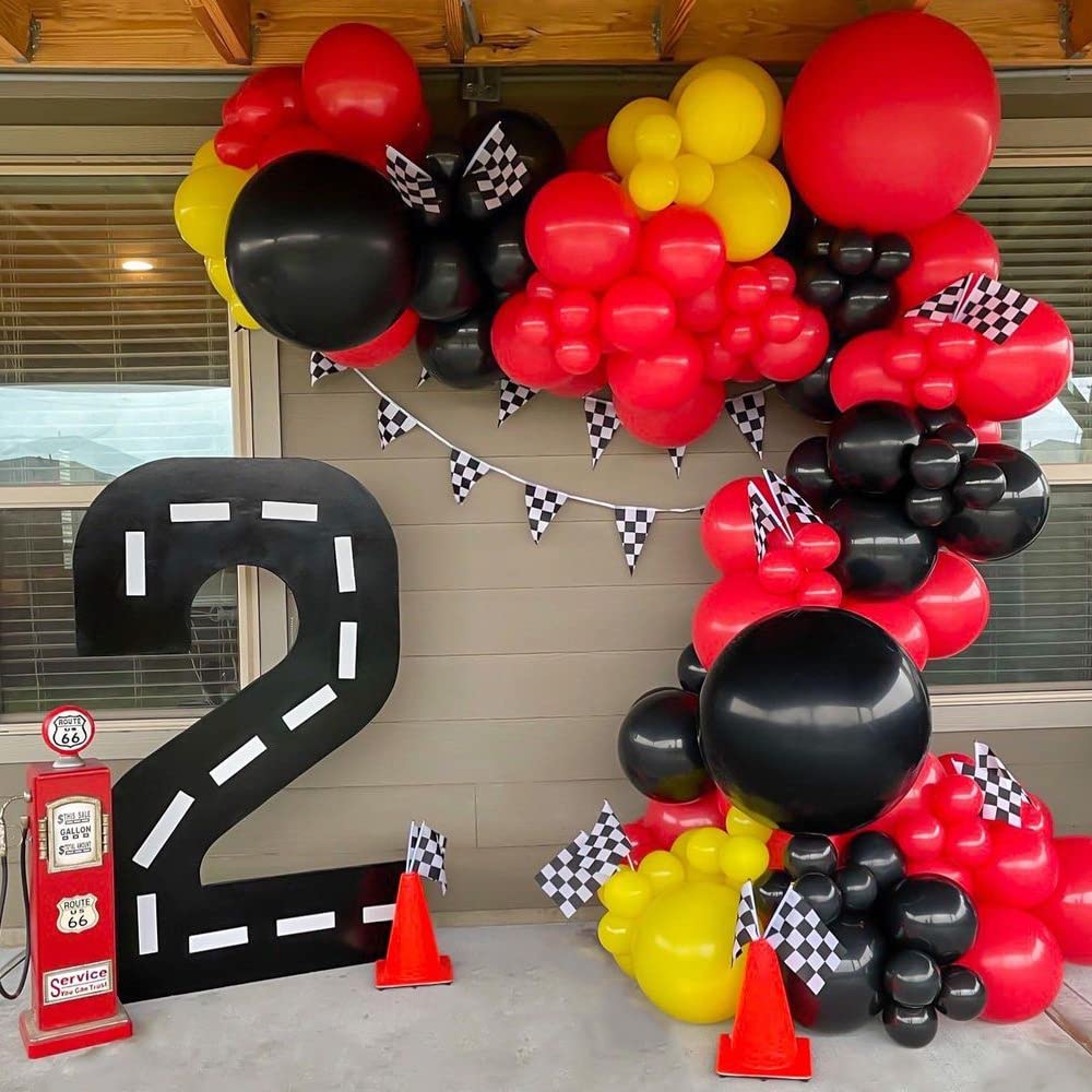 YOELVN Race Car Birthday Decorations – 36-Piece Set with 7-Inch Orange Cones and Checkered Flags