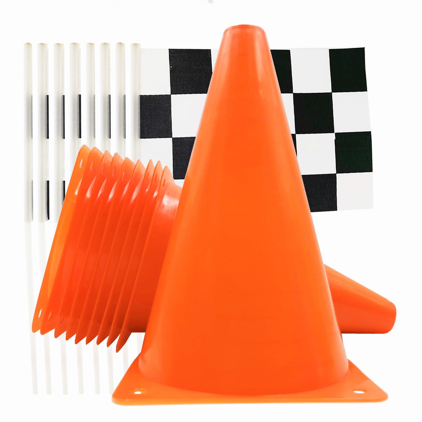 YOELVN Race Car Birthday Decorations – 36-Piece Set with 7-Inch Orange Cones and Checkered Flags
