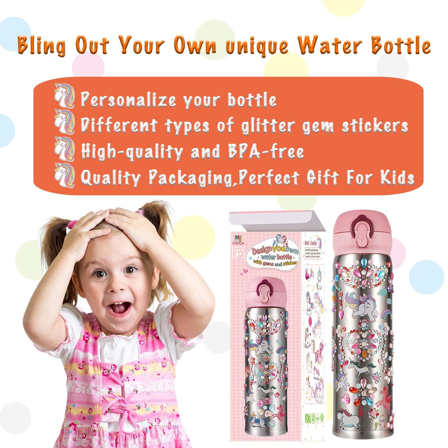 YOFUN Decorate Your Own Water Bottle with Unicorn Stickers & Glitter Gems — 11 Sheets