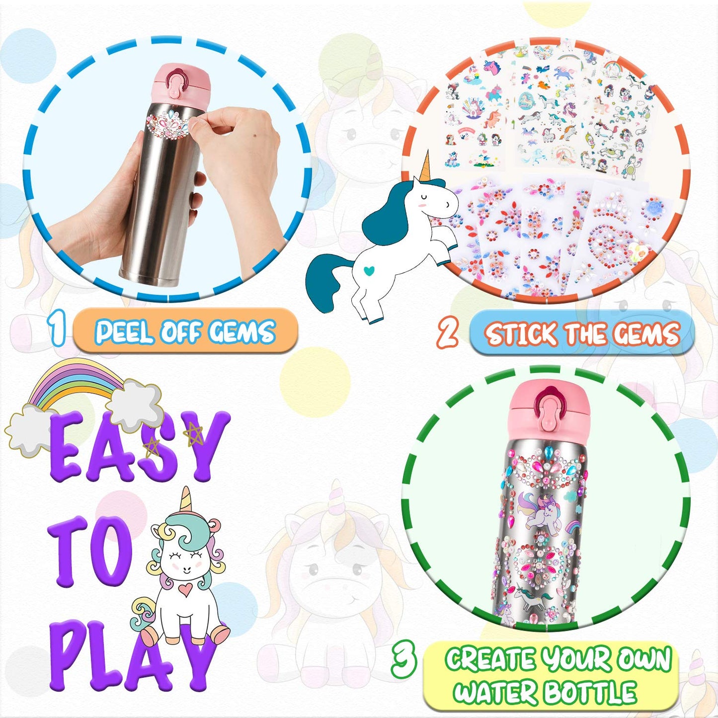 YOFUN Decorate Your Own Water Bottle with Unicorn Stickers & Glitter Gems — 11 Sheets