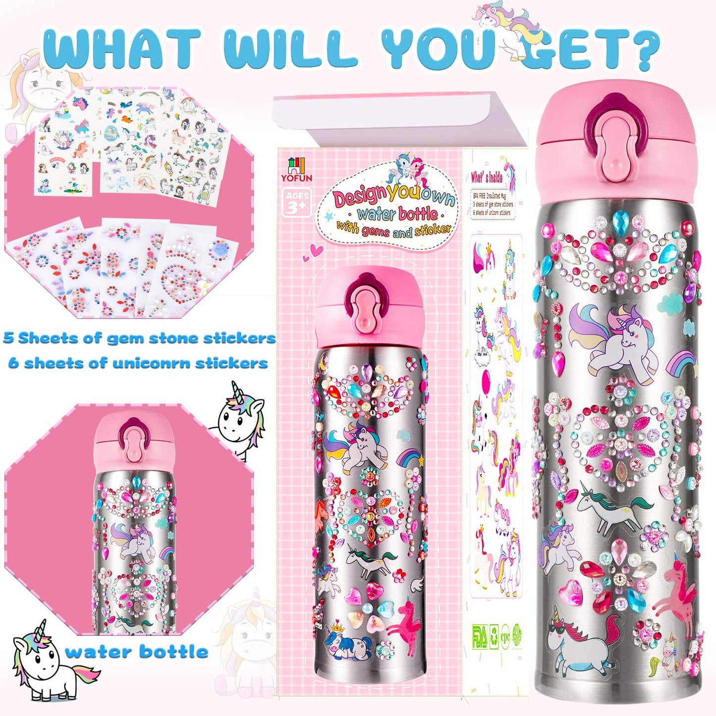 YOFUN Decorate Your Own Water Bottle with Unicorn Stickers & Glitter Gems — 11 Sheets