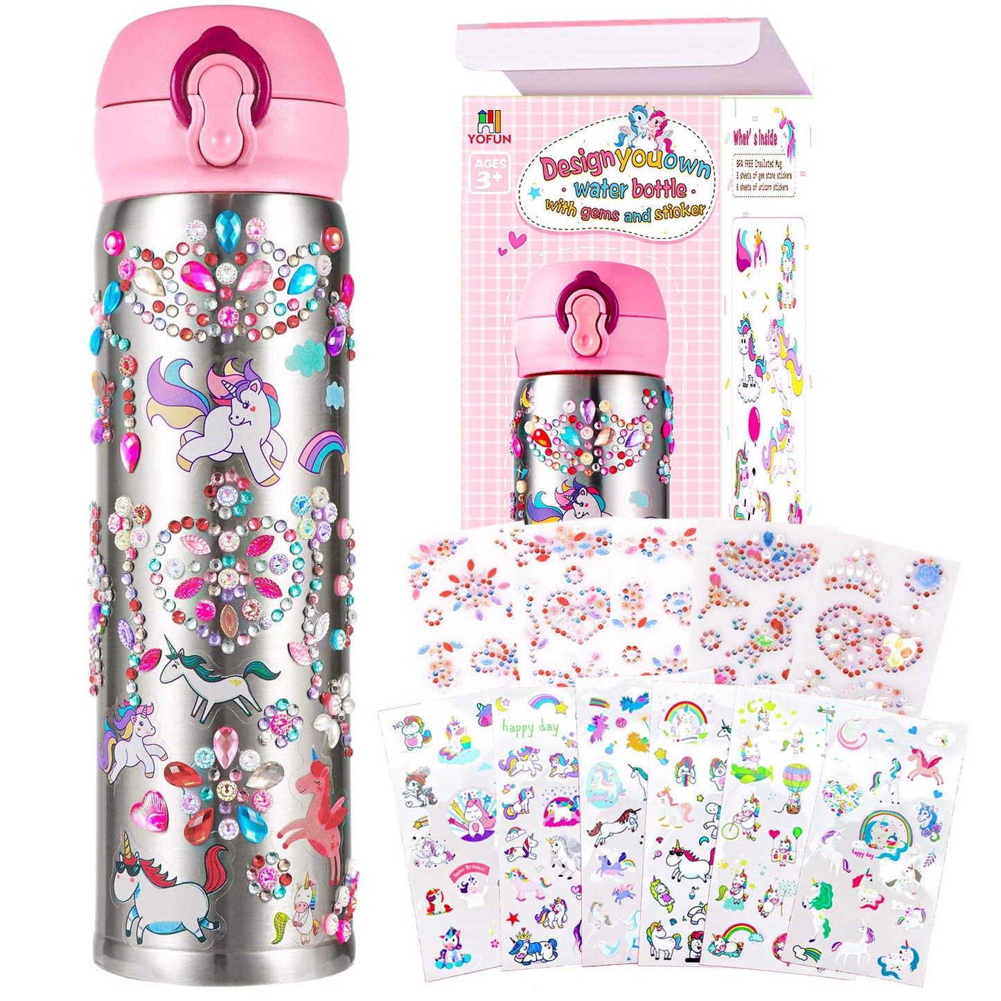 YOFUN Decorate Your Own Water Bottle with Unicorn Stickers & Glitter Gems — 11 Sheets