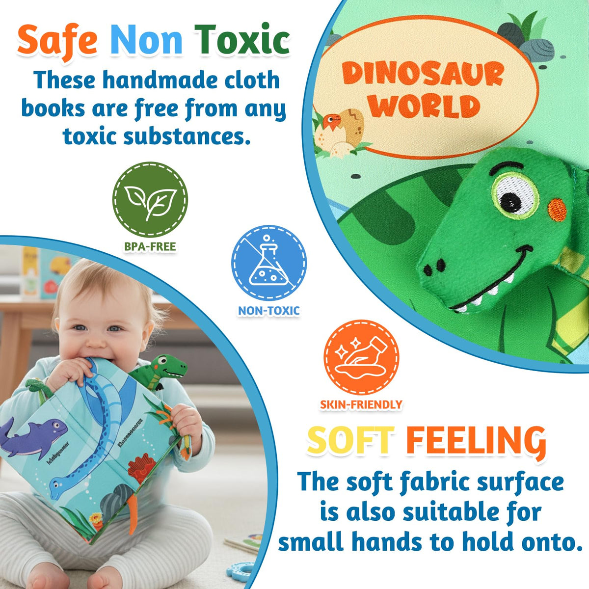 YOGINGO Baby Books - Montessori Dinosaur Cloth Book for 6-12 Months | High-Contrast Sensory Toy
