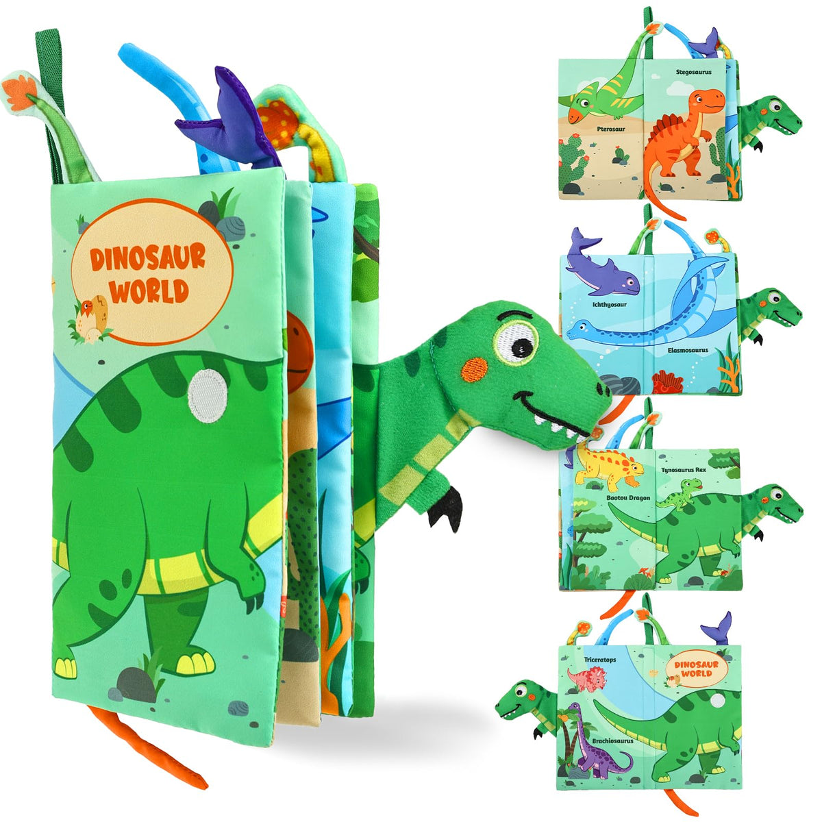 YOGINGO Baby Books - Montessori Dinosaur Cloth Book for 6-12 Months | High-Contrast Sensory Toy
