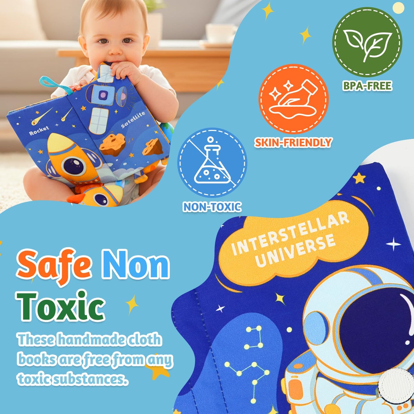 YOGINGO Baby Books — Montessori Cloth Book, Interstellar Universe Theme, 6–12 Months