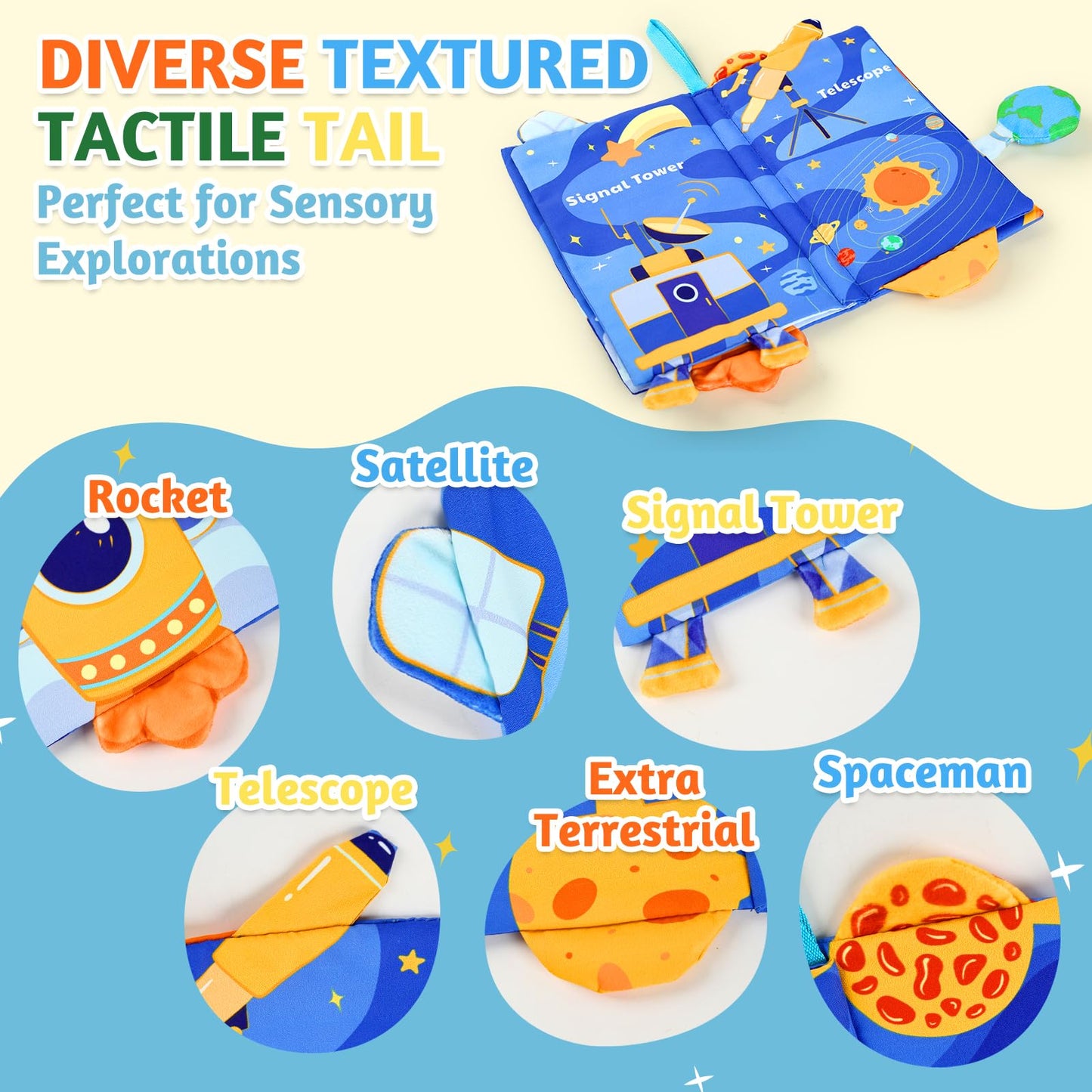 YOGINGO Baby Books — Montessori Cloth Book, Interstellar Universe Theme, 6–12 Months