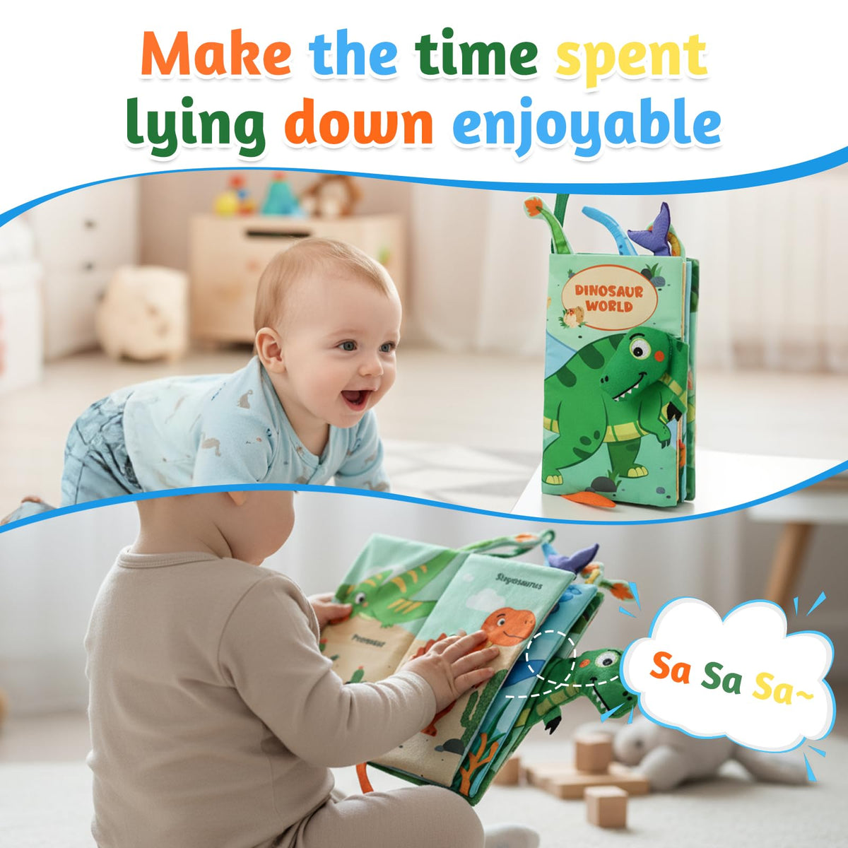 YOGINGO Baby Books - Montessori Dinosaur Cloth Book for 6-12 Months | High-Contrast Sensory Toy