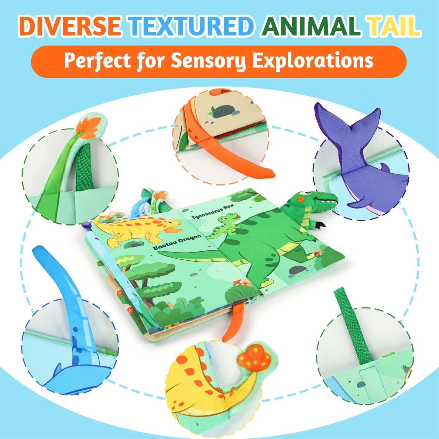 YOGINGO Baby Books - Montessori Dinosaur Cloth Book for 6-12 Months | High-Contrast Sensory Toy