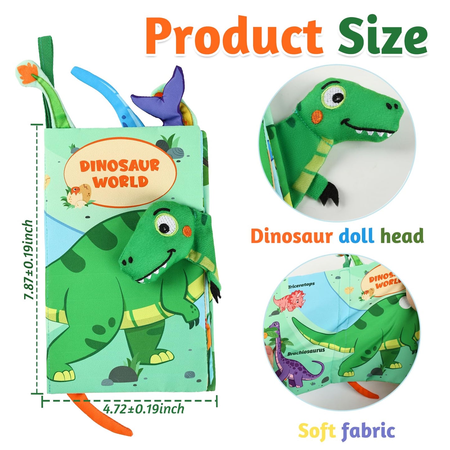 YOGINGO Baby Books - Montessori Dinosaur Cloth Book for 6-12 Months | High-Contrast Sensory Toy