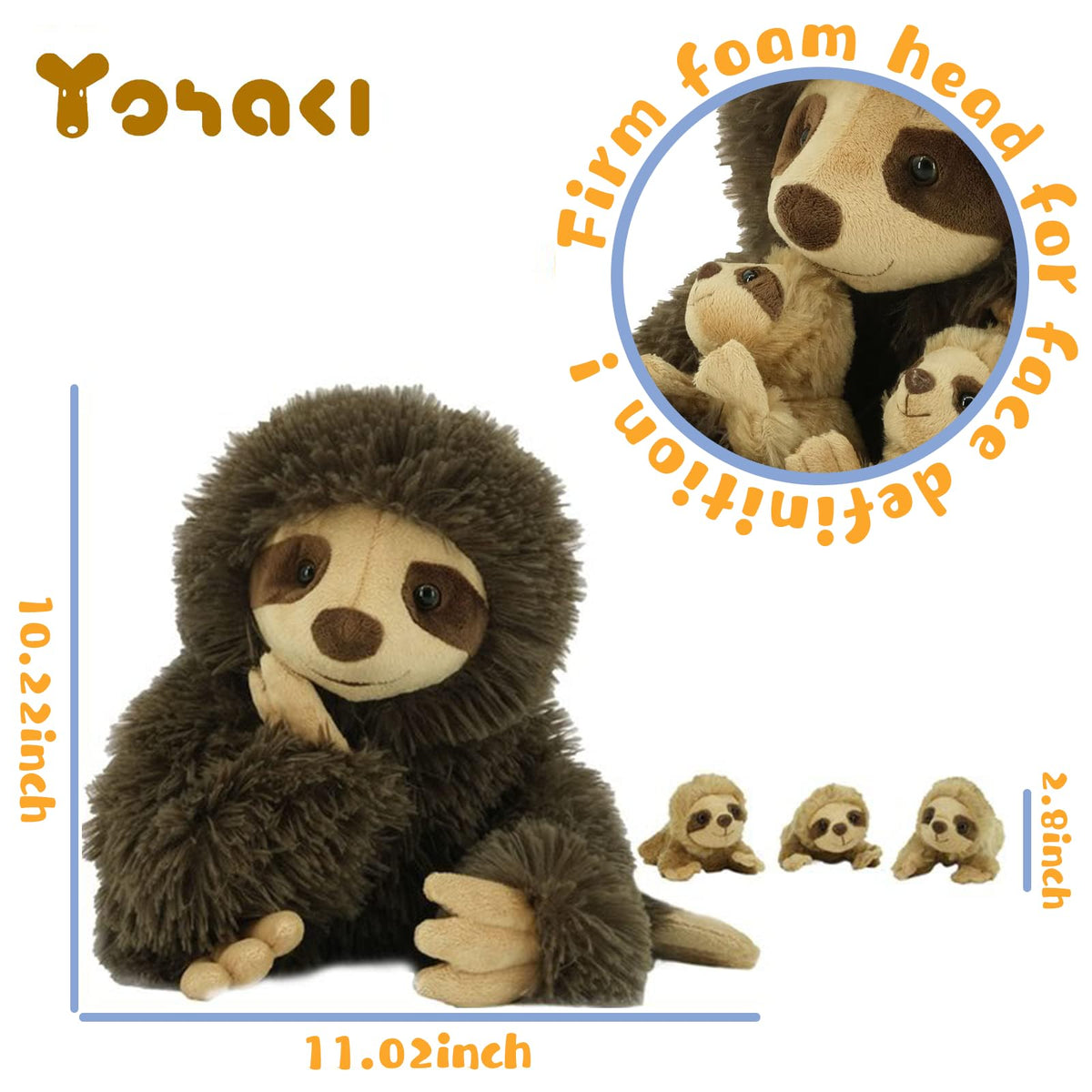 YOHAKI Sloth Plush with 3 Babies – 11.02-Inch Washable Stuffed Sloth, Cute Gift