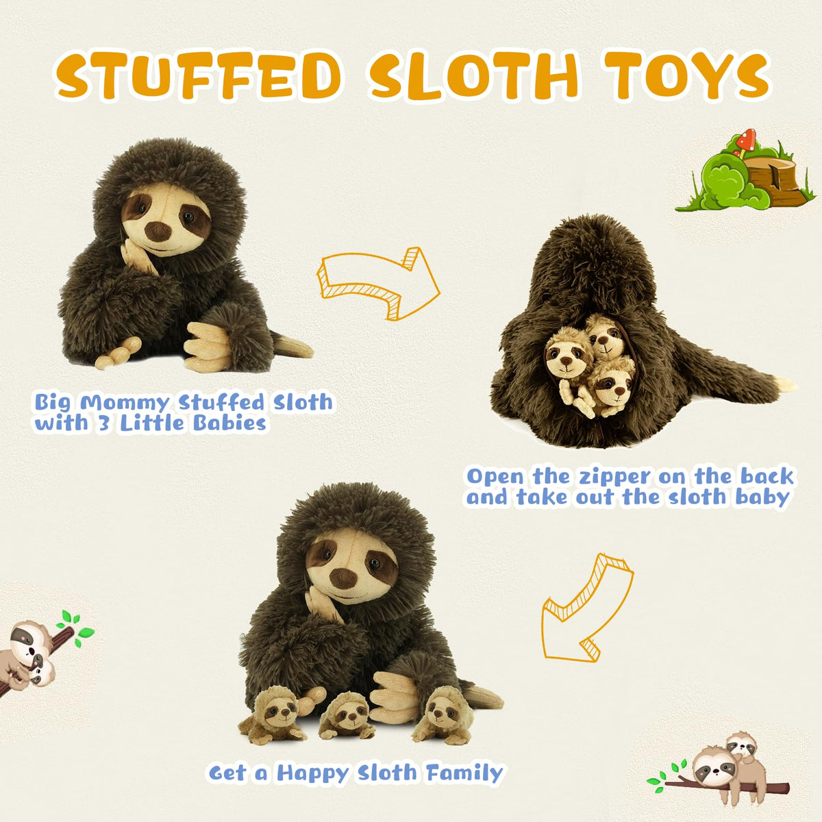 YOHAKI Sloth Plush with 3 Babies – 11.02-Inch Washable Stuffed Sloth, Cute Gift