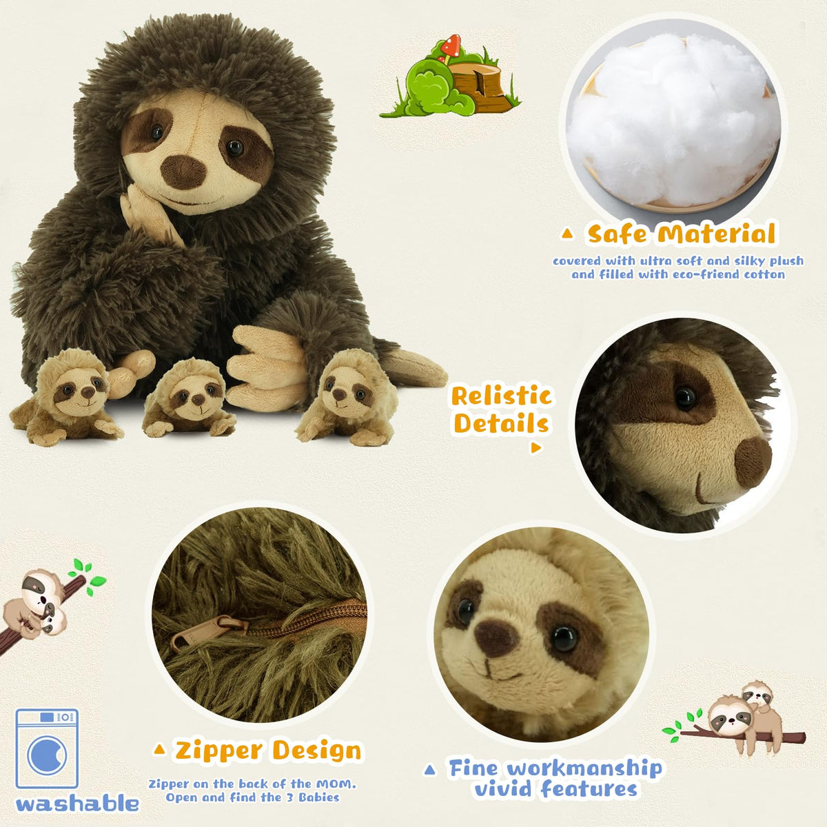 YOHAKI Sloth Plush with 3 Babies – 11.02-Inch Washable Stuffed Sloth, Cute Gift