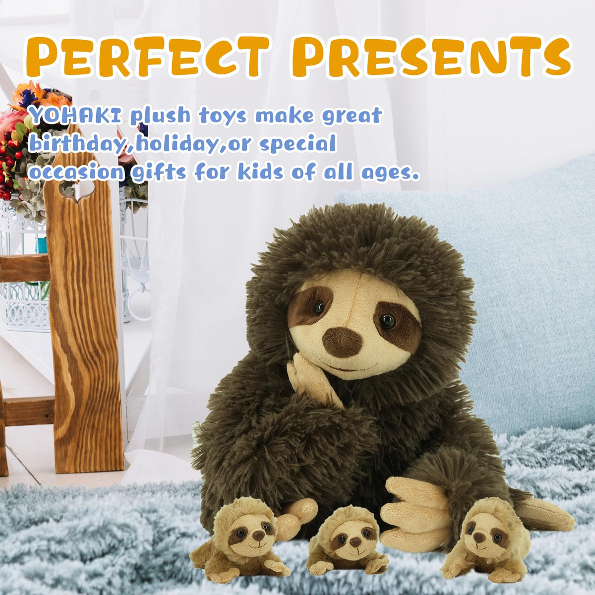 YOHAKI Sloth Plush with 3 Babies – 11.02-Inch Washable Stuffed Sloth, Cute Gift