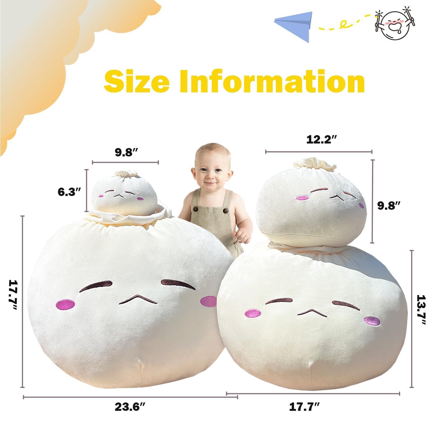 Yoholto Dumpling Plush Pillow – Cute Frown Plush Toy, Soft PP Cotton, 6.3x12.2 in & 12.2x9.8 in