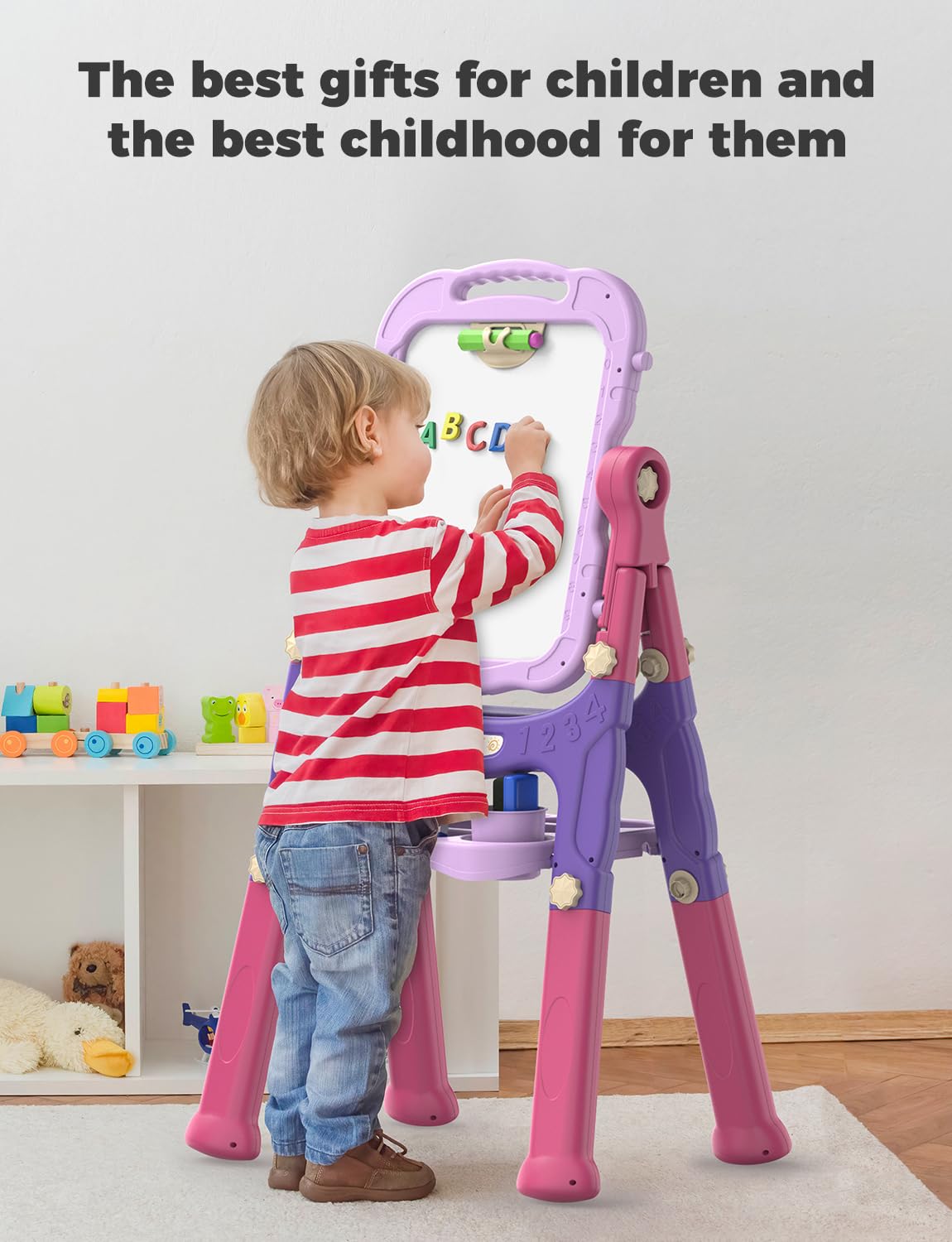 YOHOOLYO Kids Easel – 360° Rotatable Double-Sided Magnetic Whiteboard & Chalkboard (Pink & Purple)