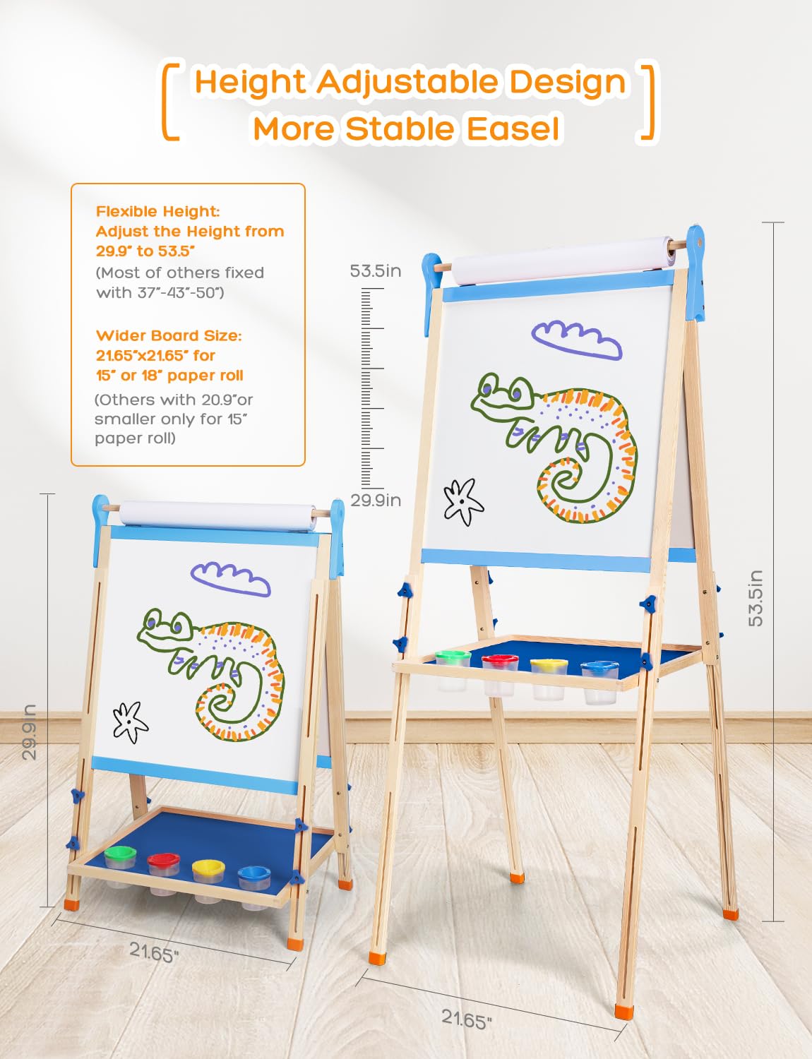 YOHOOLYO Kids Wooden Easel – Double-Sided Magnetic Whiteboard & Chalkboard, Adjustable Height