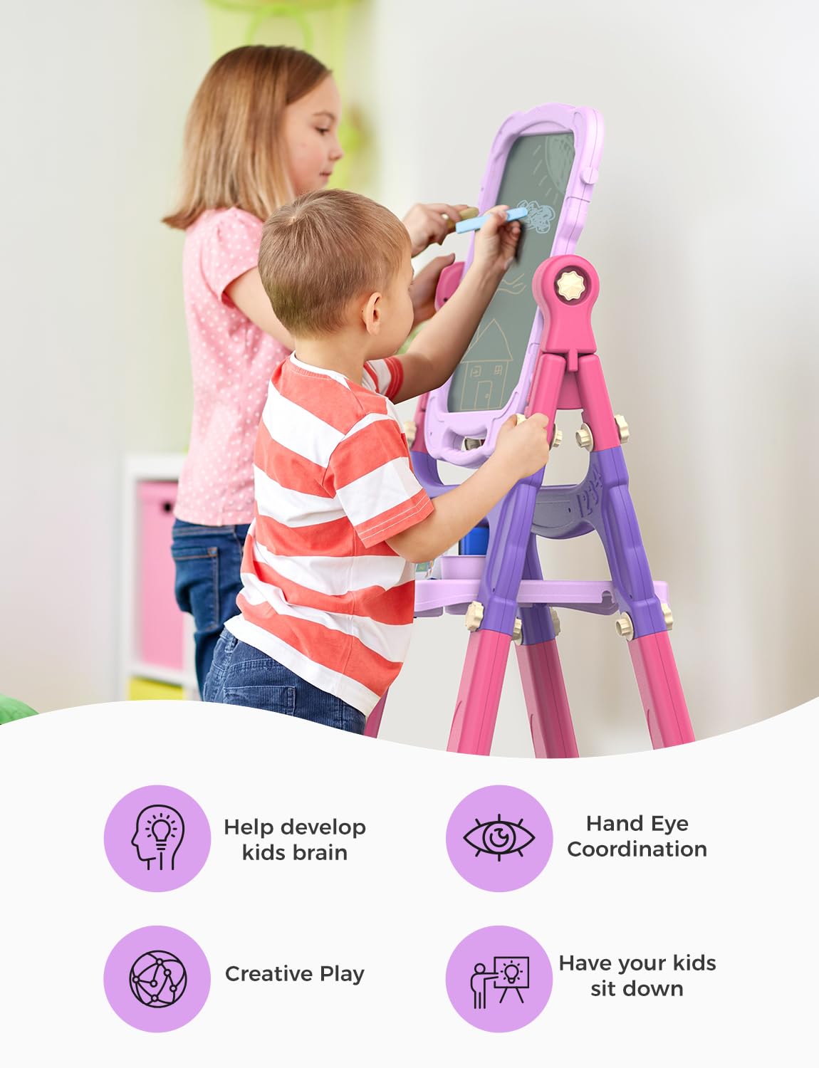 YOHOOLYO Kids Easel – 360° Rotatable Double-Sided Magnetic Whiteboard & Chalkboard (Pink & Purple)
