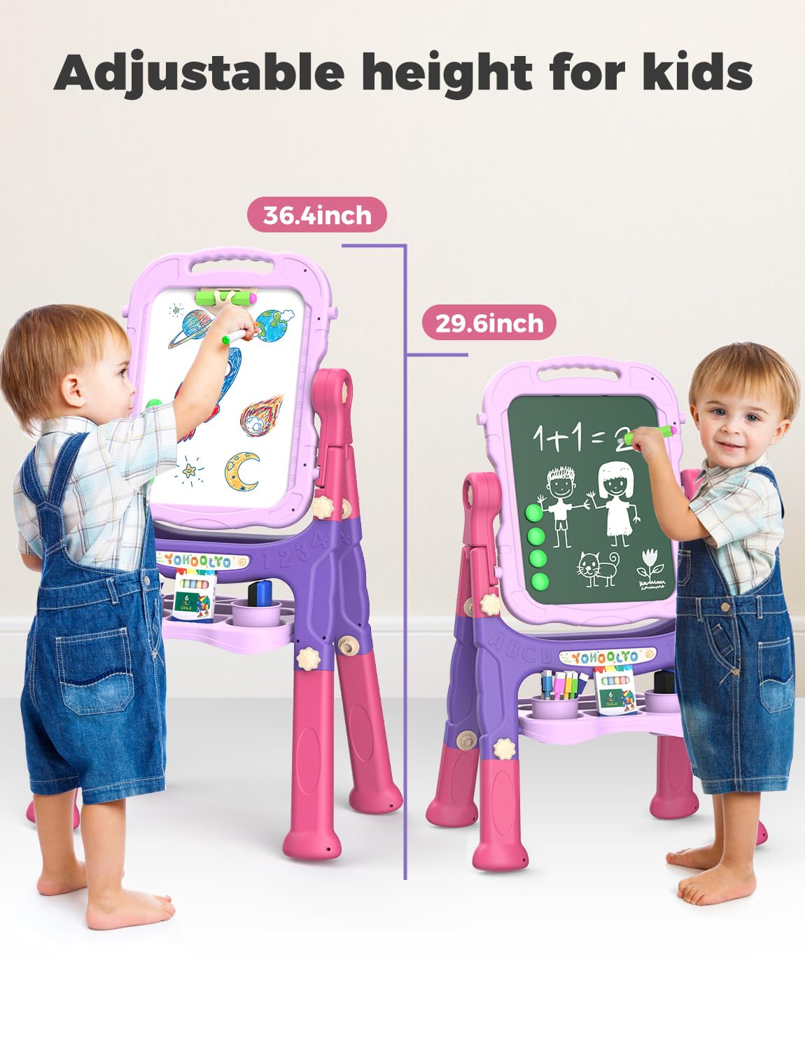 YOHOOLYO Kids Easel – 360° Rotatable Double-Sided Magnetic Whiteboard & Chalkboard (Pink & Purple)