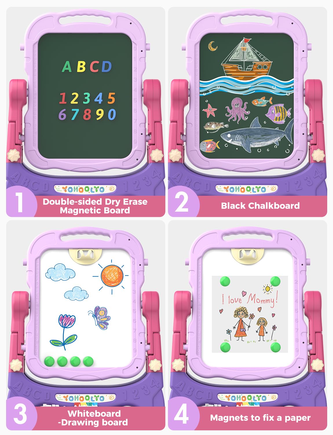 YOHOOLYO Kids Easel – 360° Rotatable Double-Sided Magnetic Whiteboard & Chalkboard (Pink & Purple)