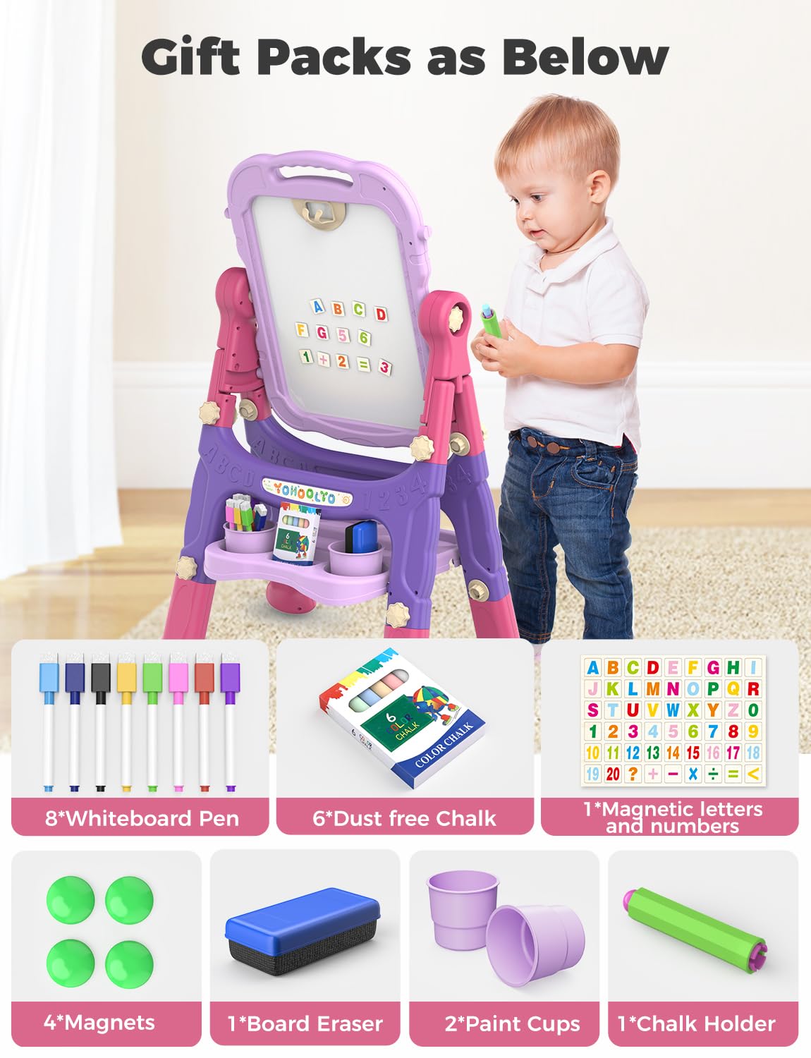 YOHOOLYO Kids Easel – 360° Rotatable Double-Sided Magnetic Whiteboard & Chalkboard (Pink & Purple)