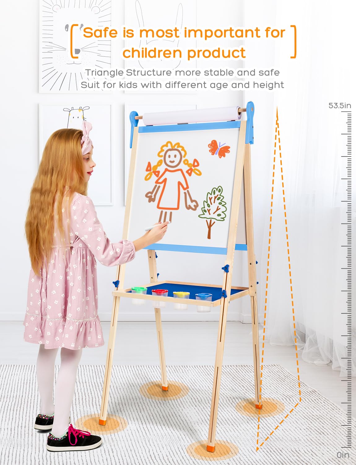 YOHOOLYO Kids Wooden Easel – Double-Sided Magnetic Whiteboard & Chalkboard, Adjustable Height