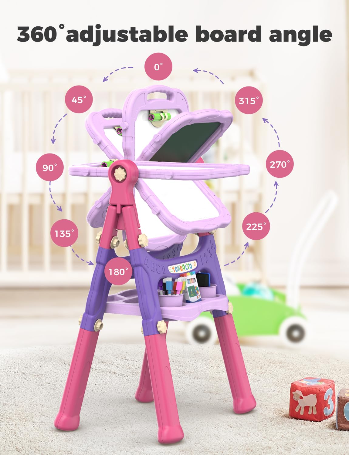 YOHOOLYO Kids Easel – 360° Rotatable Double-Sided Magnetic Whiteboard & Chalkboard (Pink & Purple)