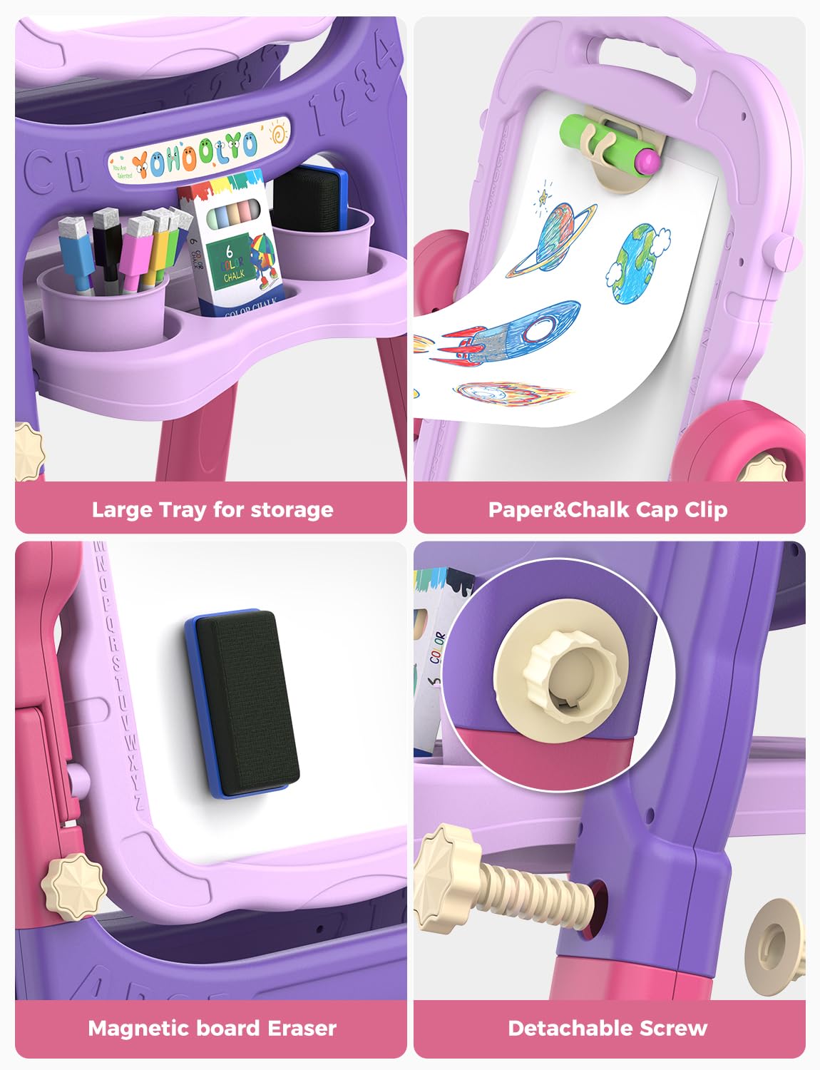 YOHOOLYO Kids Easel – 360° Rotatable Double-Sided Magnetic Whiteboard & Chalkboard (Pink & Purple)