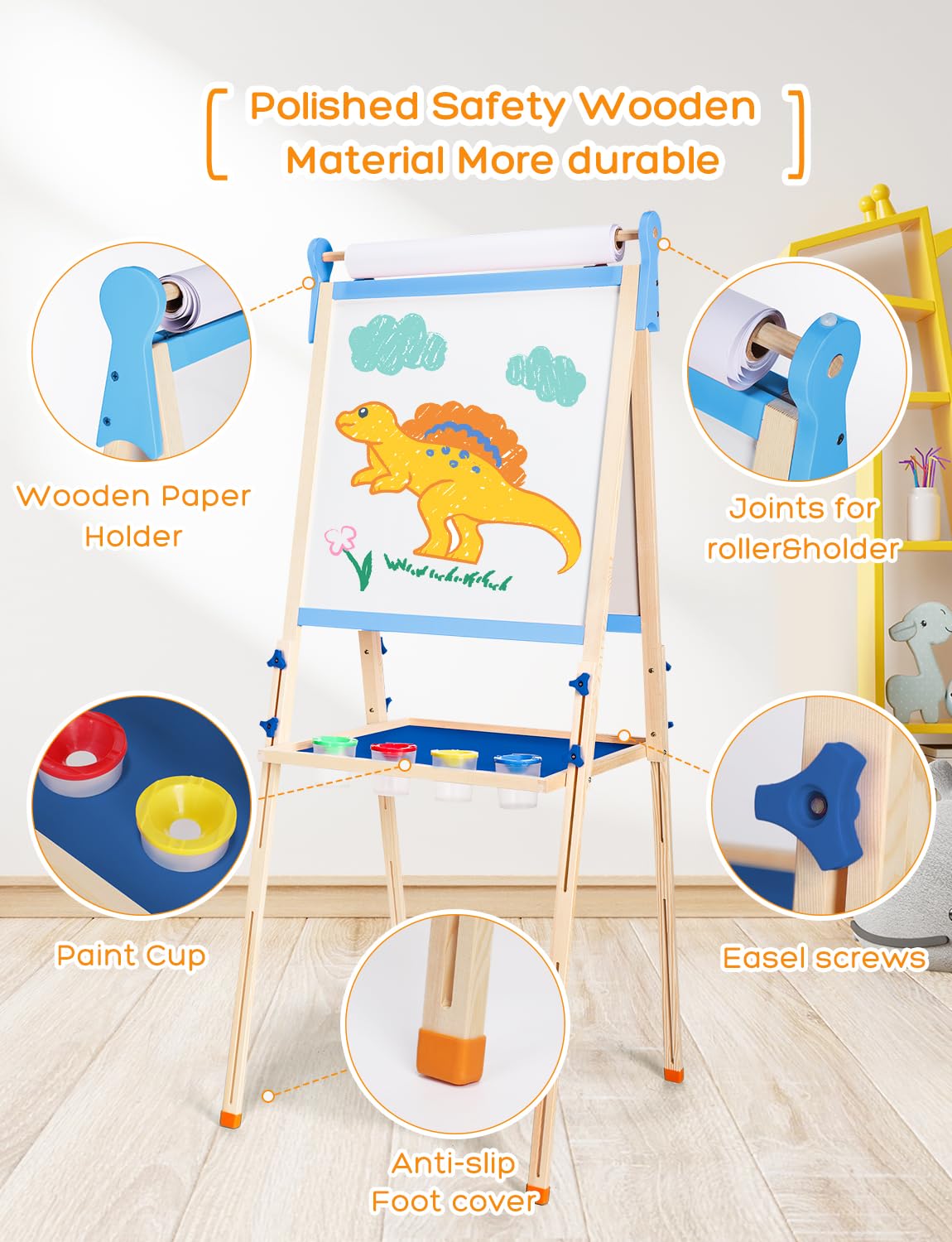 YOHOOLYO Kids Wooden Easel – Double-Sided Magnetic Whiteboard & Chalkboard, Adjustable Height
