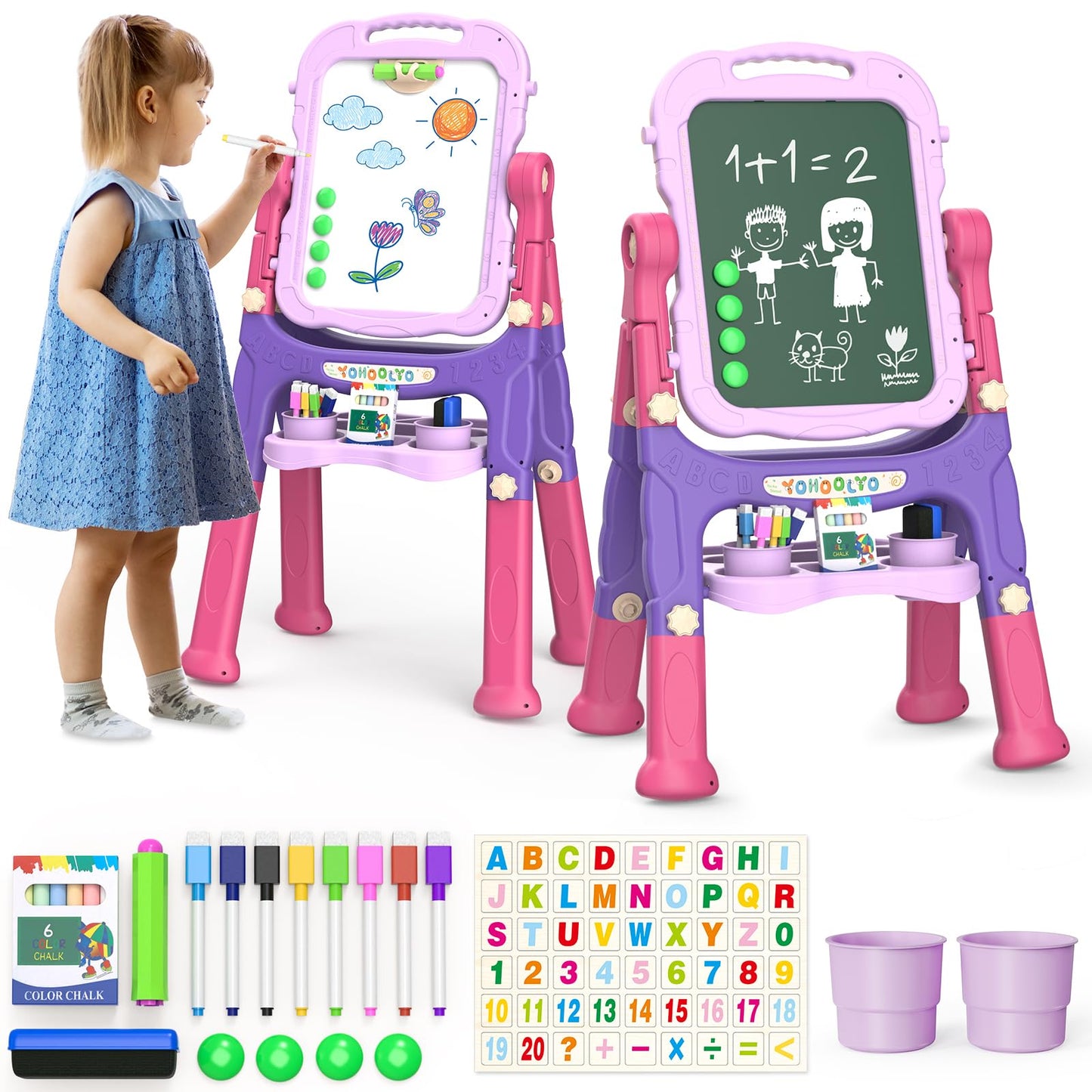 YOHOOLYO Kids Easel – 360° Rotatable Double-Sided Magnetic Whiteboard & Chalkboard (Pink & Purple)
