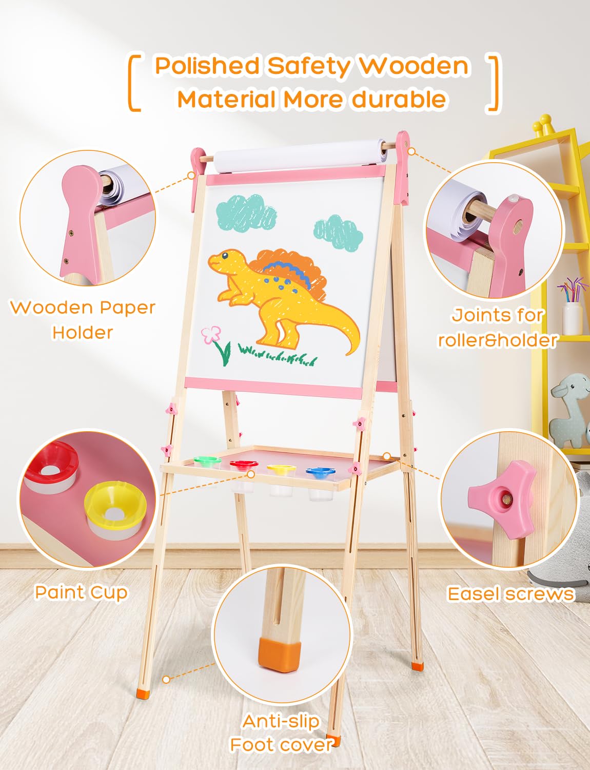 YOHOOLYO Kids Easel – Wooden Double-Sided Magnetic Whiteboard & Chalkboard, Adjustable Height