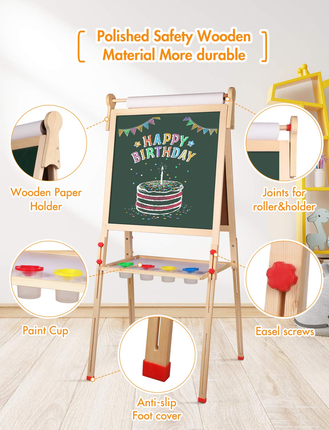 YOHOOLYO Kids Easel – Wooden Double-Sided Art Easel with Paper Roll & Adjustable Height