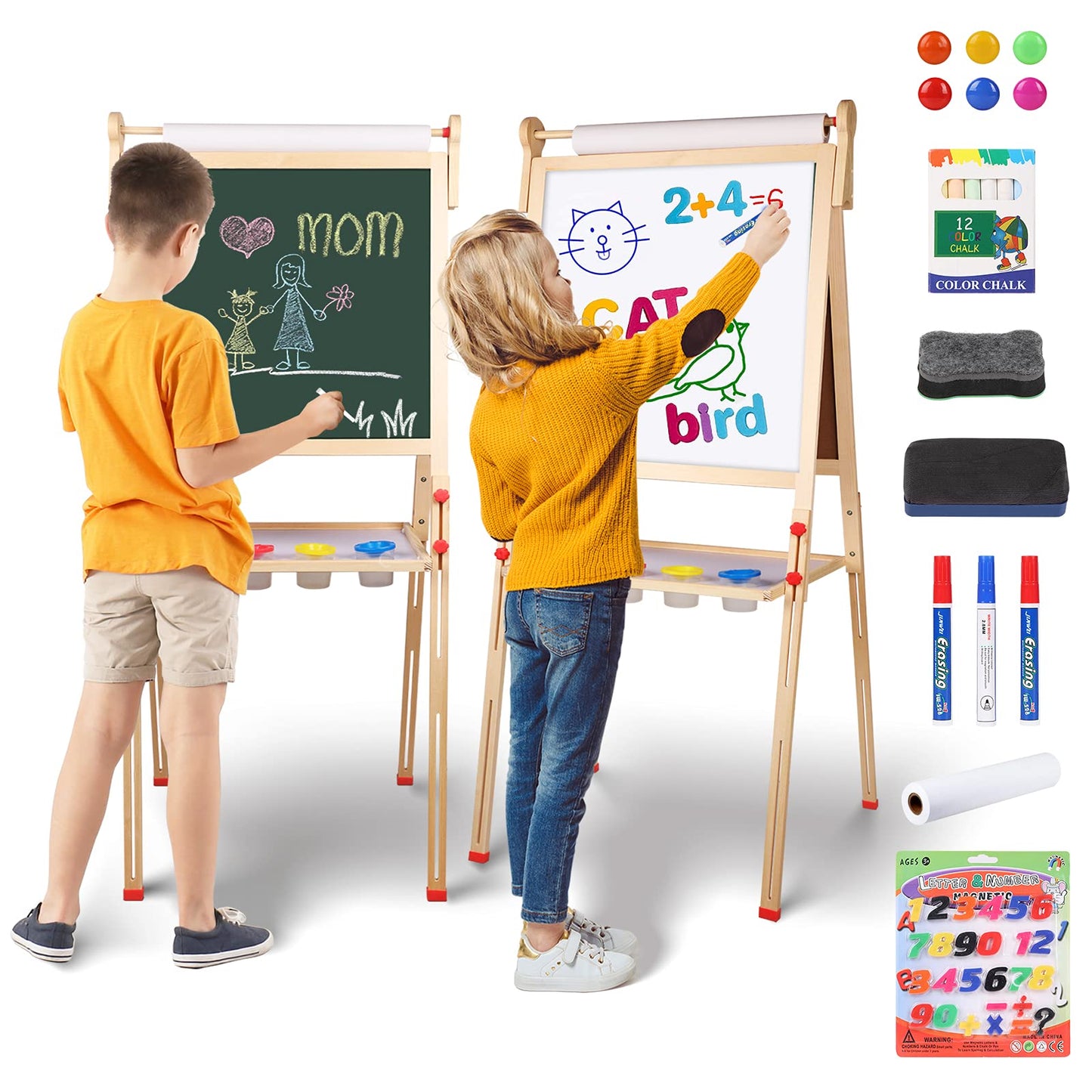 YOHOOLYO Kids Easel – Wooden Double-Sided Art Easel with Paper Roll & Adjustable Height