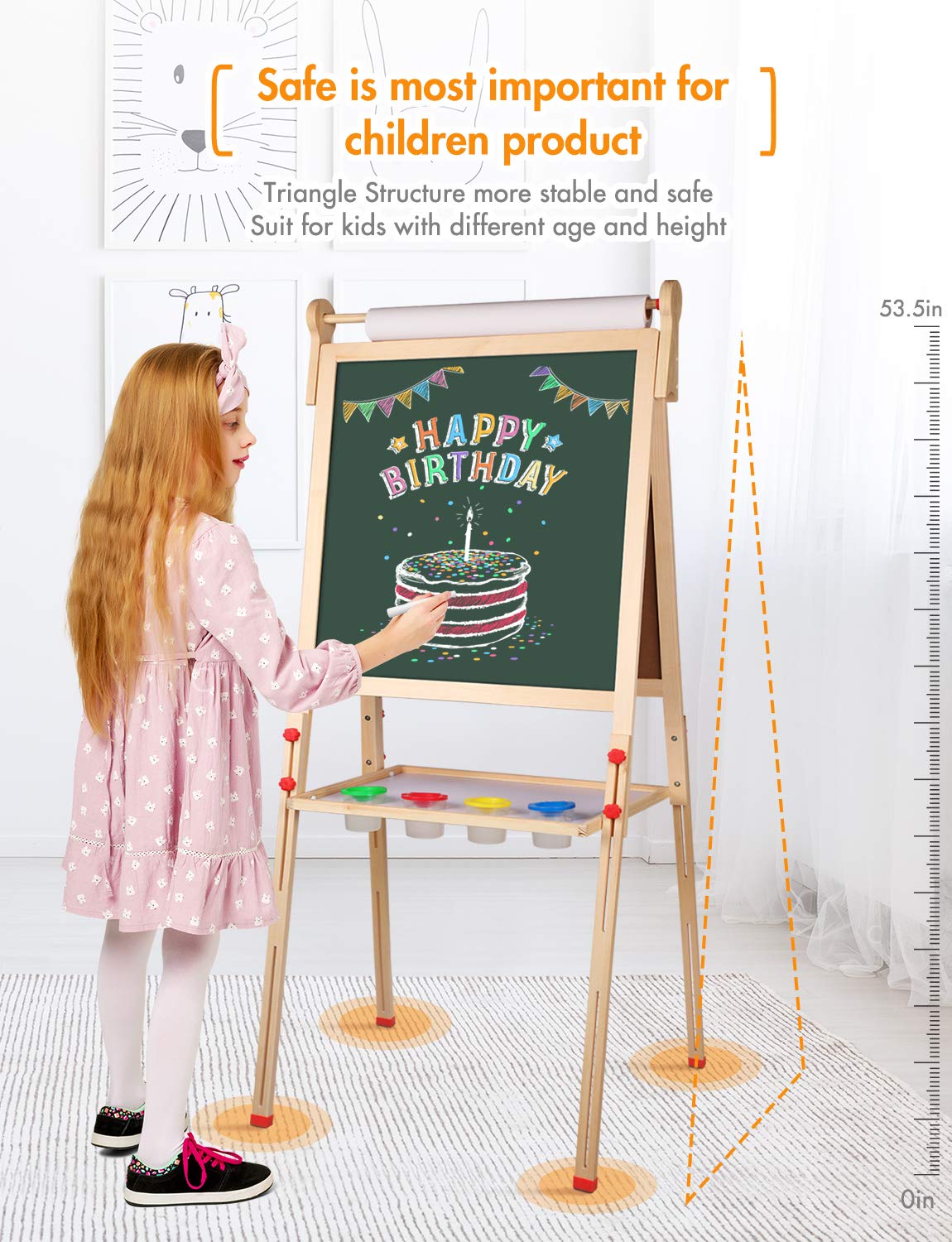 YOHOOLYO Kids Easel – Wooden Double-Sided Art Easel with Paper Roll & Adjustable Height