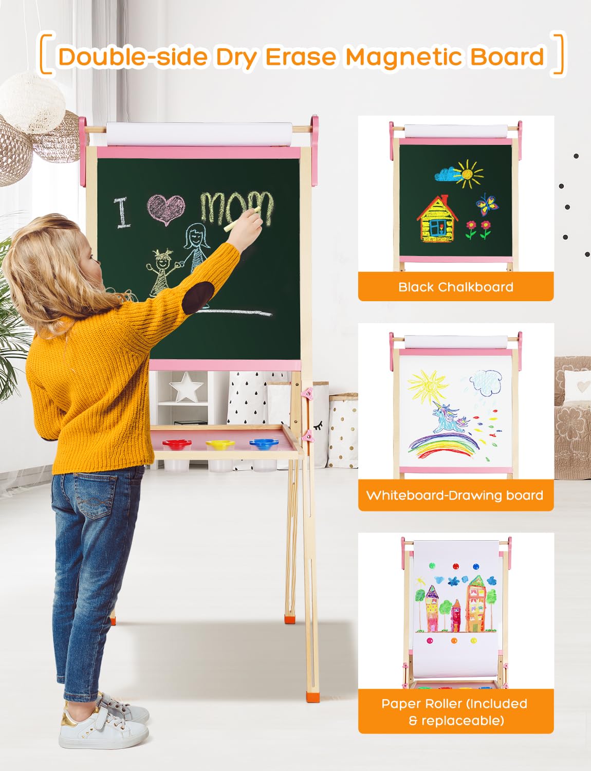 YOHOOLYO Kids Easel – Wooden Double-Sided Magnetic Whiteboard & Chalkboard, Adjustable Height