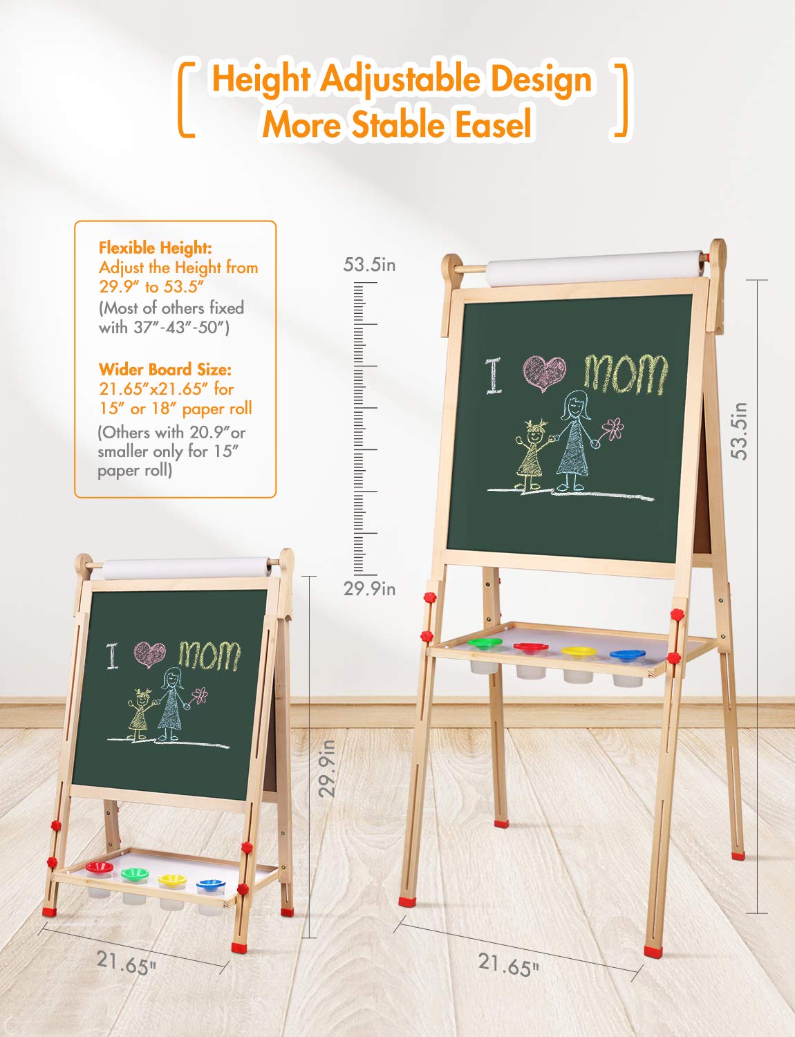 YOHOOLYO Kids Easel – Wooden Double-Sided Art Easel with Paper Roll & Adjustable Height