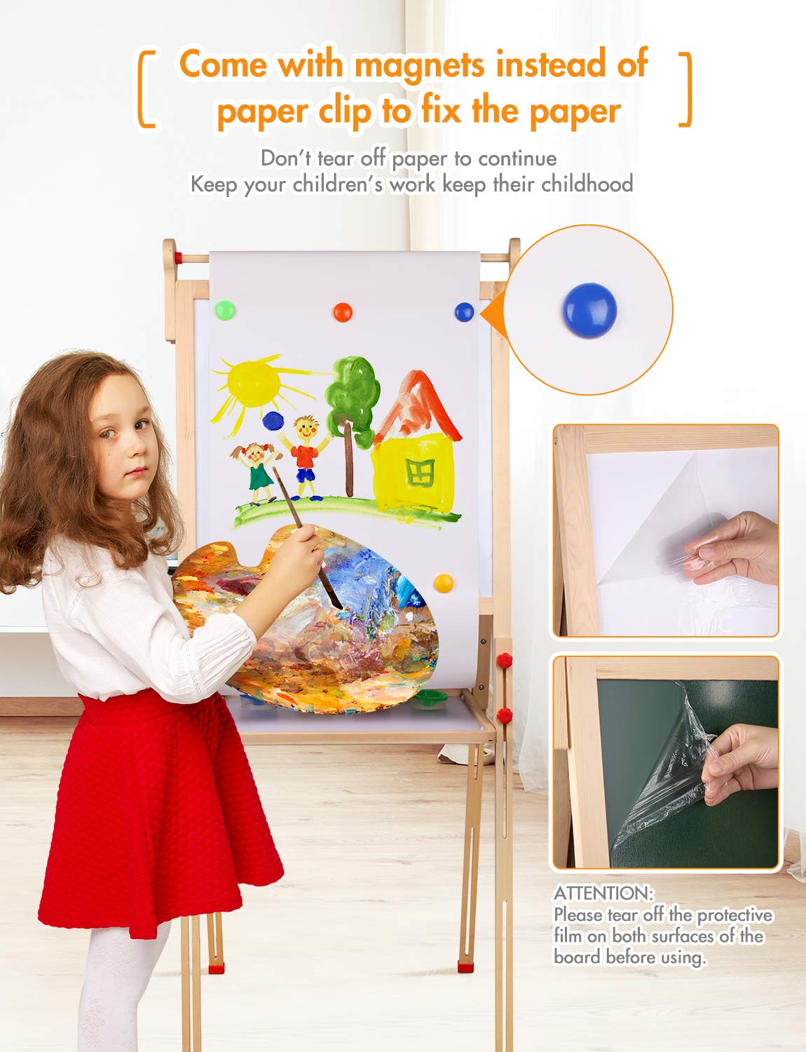 YOHOOLYO Kids Easel – Wooden Double-Sided Art Easel with Paper Roll & Adjustable Height