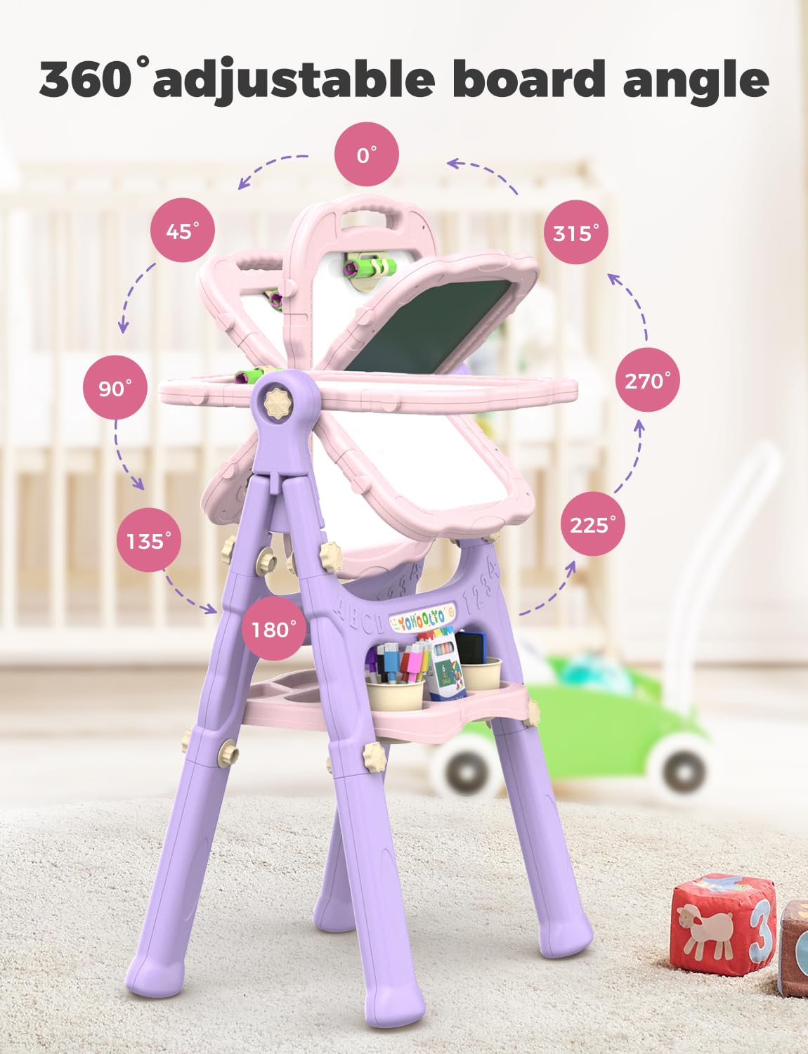 YOHOOLYO Kids Easel – 360° Double-Sided Magnetic Board (Pink/Purple)
