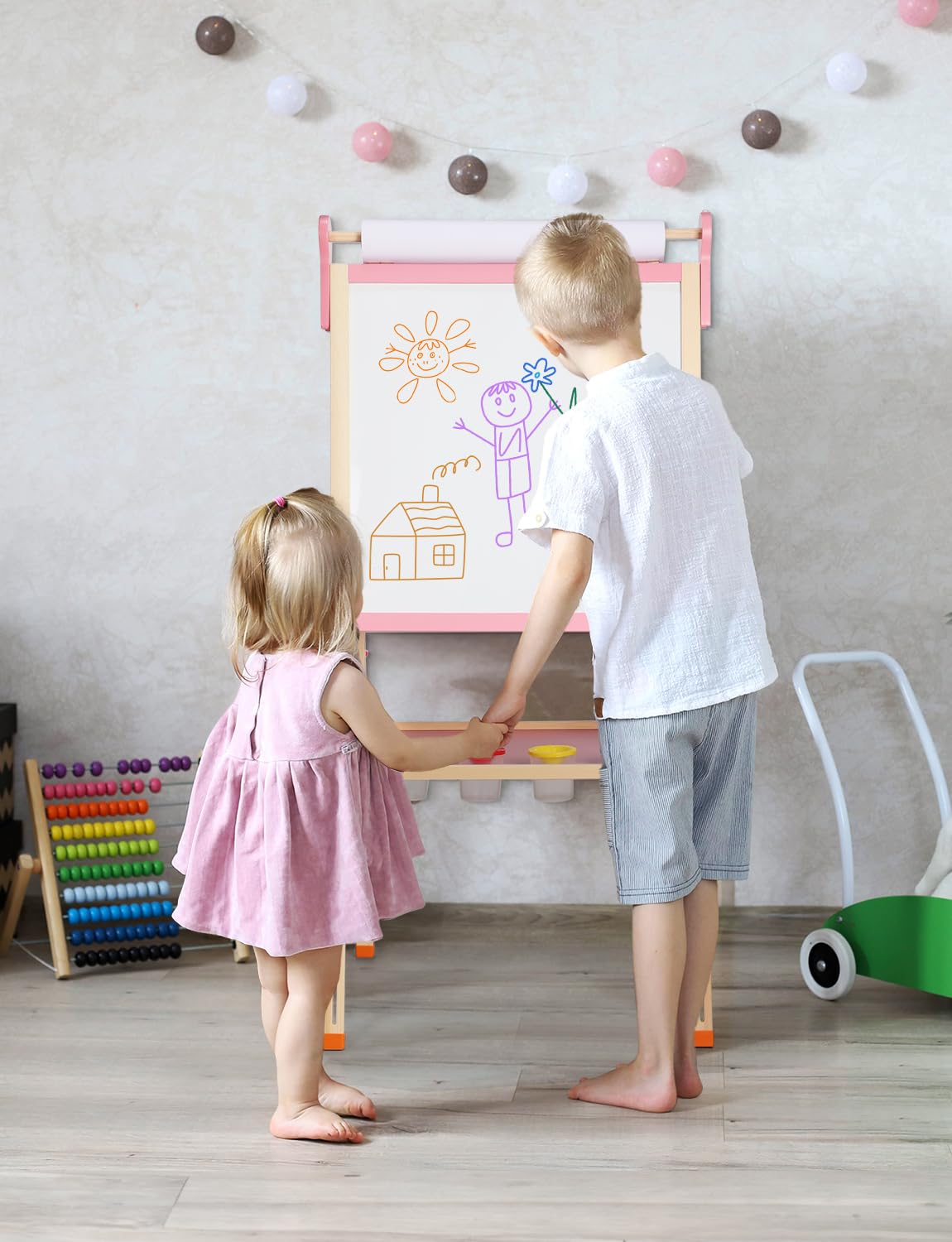 YOHOOLYO Kids Easel – Wooden Double-Sided Magnetic Whiteboard & Chalkboard, Adjustable Height