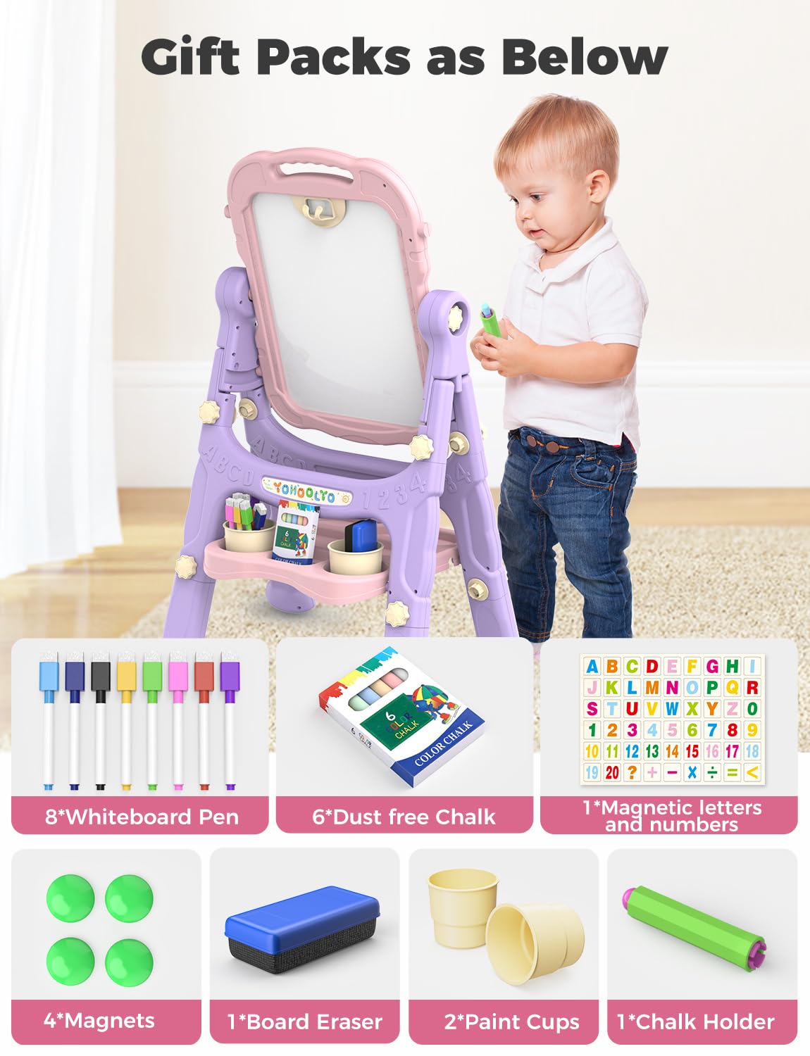 YOHOOLYO Kids Easel – 360° Double-Sided Magnetic Board (Pink/Purple)