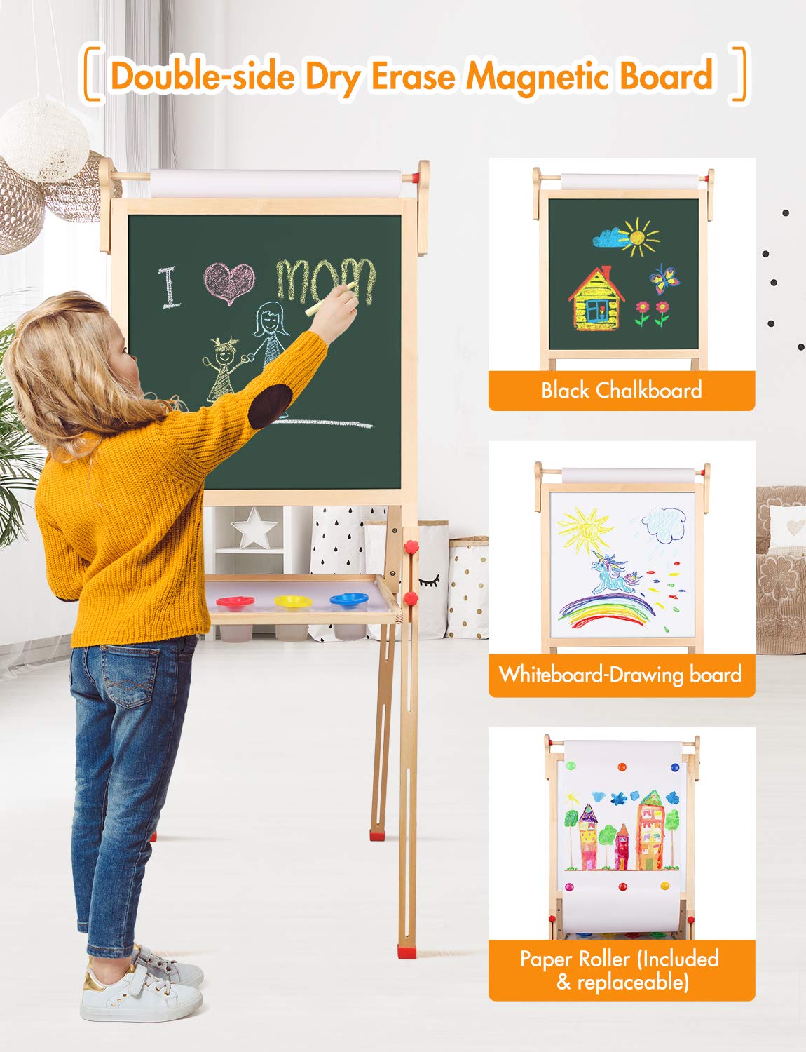 YOHOOLYO Kids Easel – Wooden Double-Sided Art Easel with Paper Roll & Adjustable Height