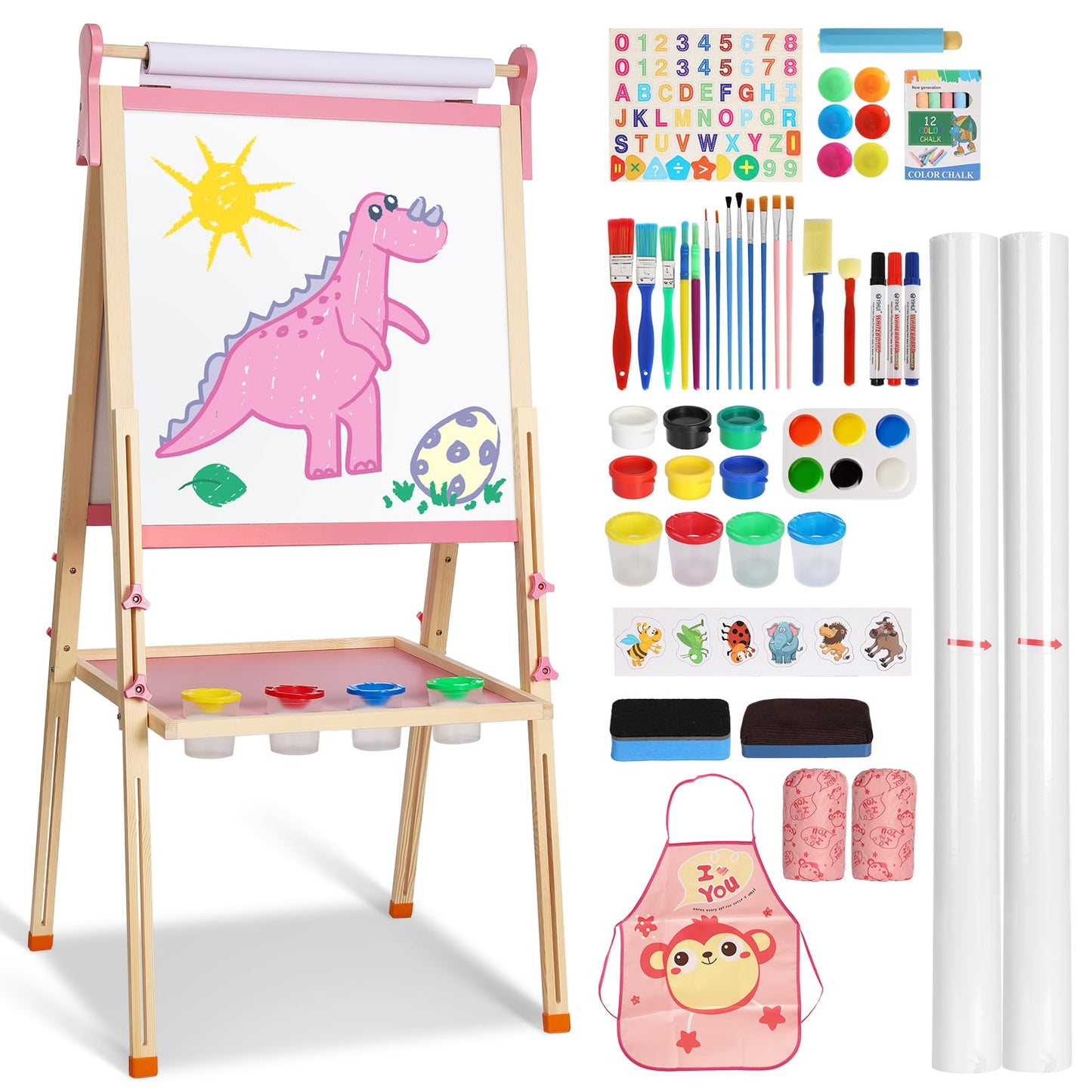 YOHOOLYO Kids Easel – Wooden Double-Sided Magnetic Whiteboard & Chalkboard, Adjustable Height