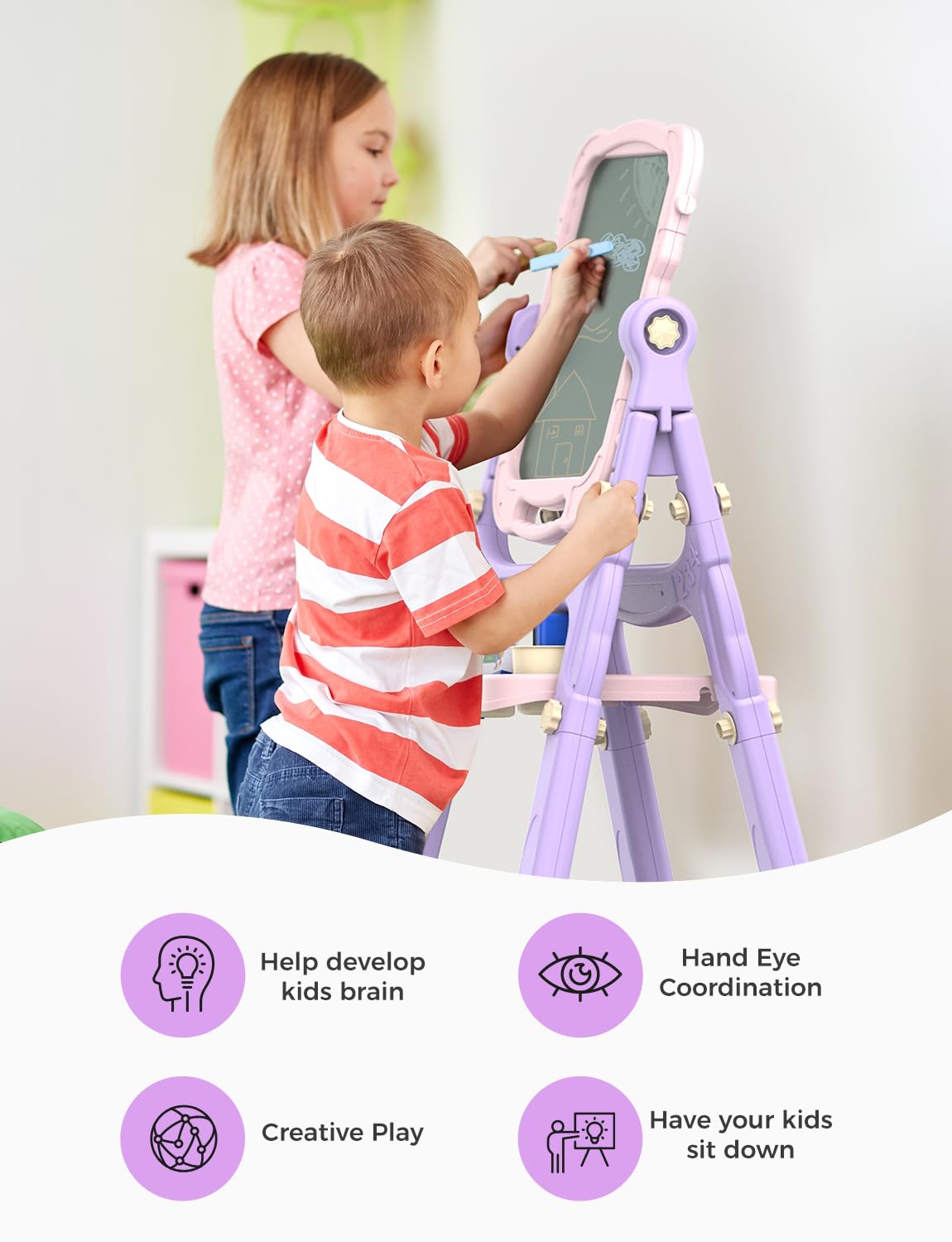 YOHOOLYO Kids Easel – 360° Double-Sided Magnetic Board (Pink/Purple)