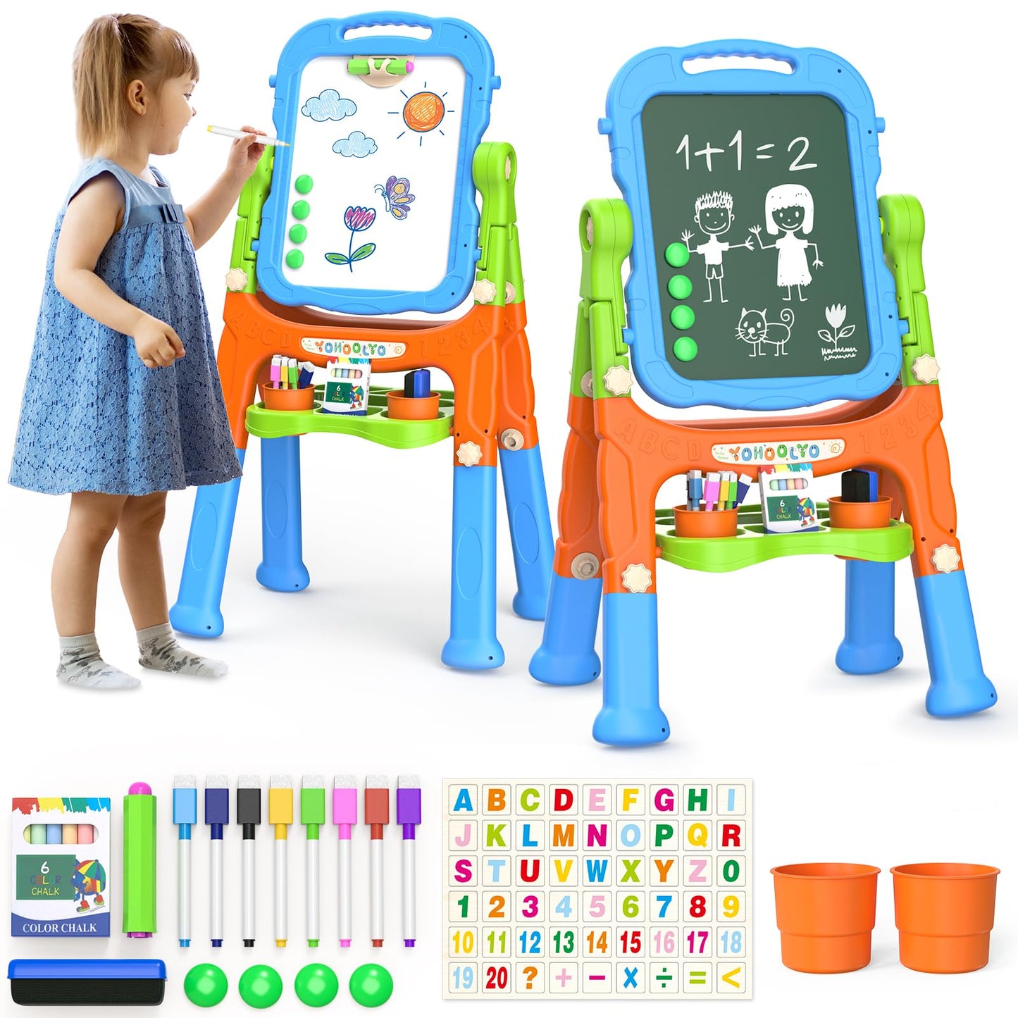 YOHOOLYO Kids Easel – Double-Sided Magnetic Whiteboard & Chalkboard (360° Rotatable) Pink & Purple