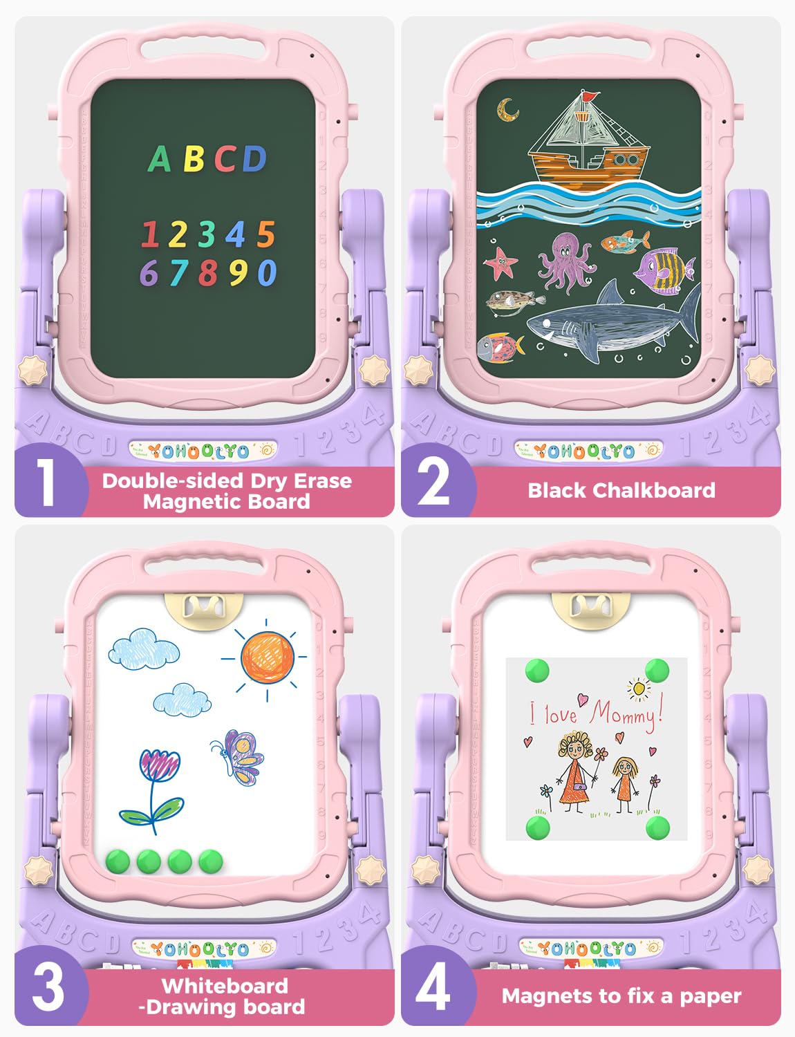 YOHOOLYO Kids Easel – 360° Double-Sided Magnetic Board (Pink/Purple)