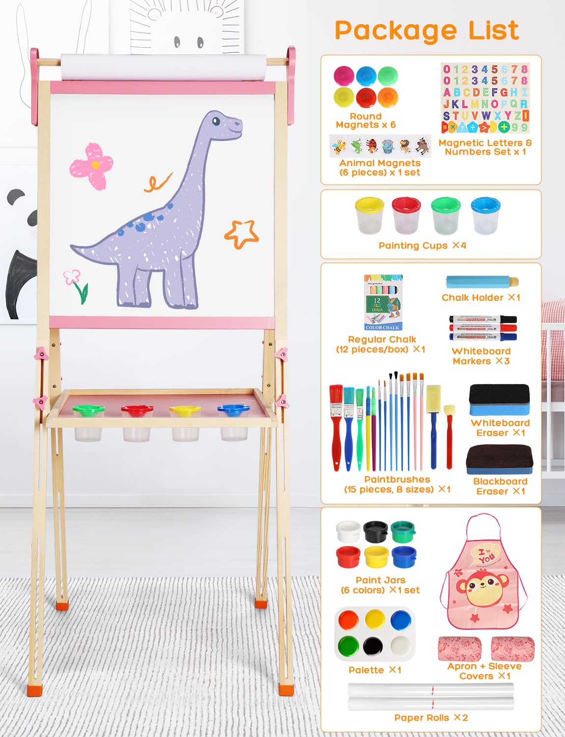 YOHOOLYO Kids Easel – Wooden Double-Sided Magnetic Whiteboard & Chalkboard, Adjustable Height